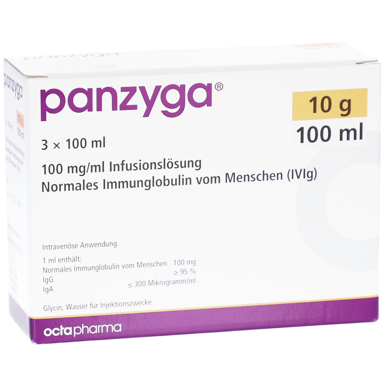 Verpackung von PANZYGA. Enthält 3x100 ml Infusionslösung. Aufschrift: 10 g, 100 ml. Hersteller: Octapharma.
