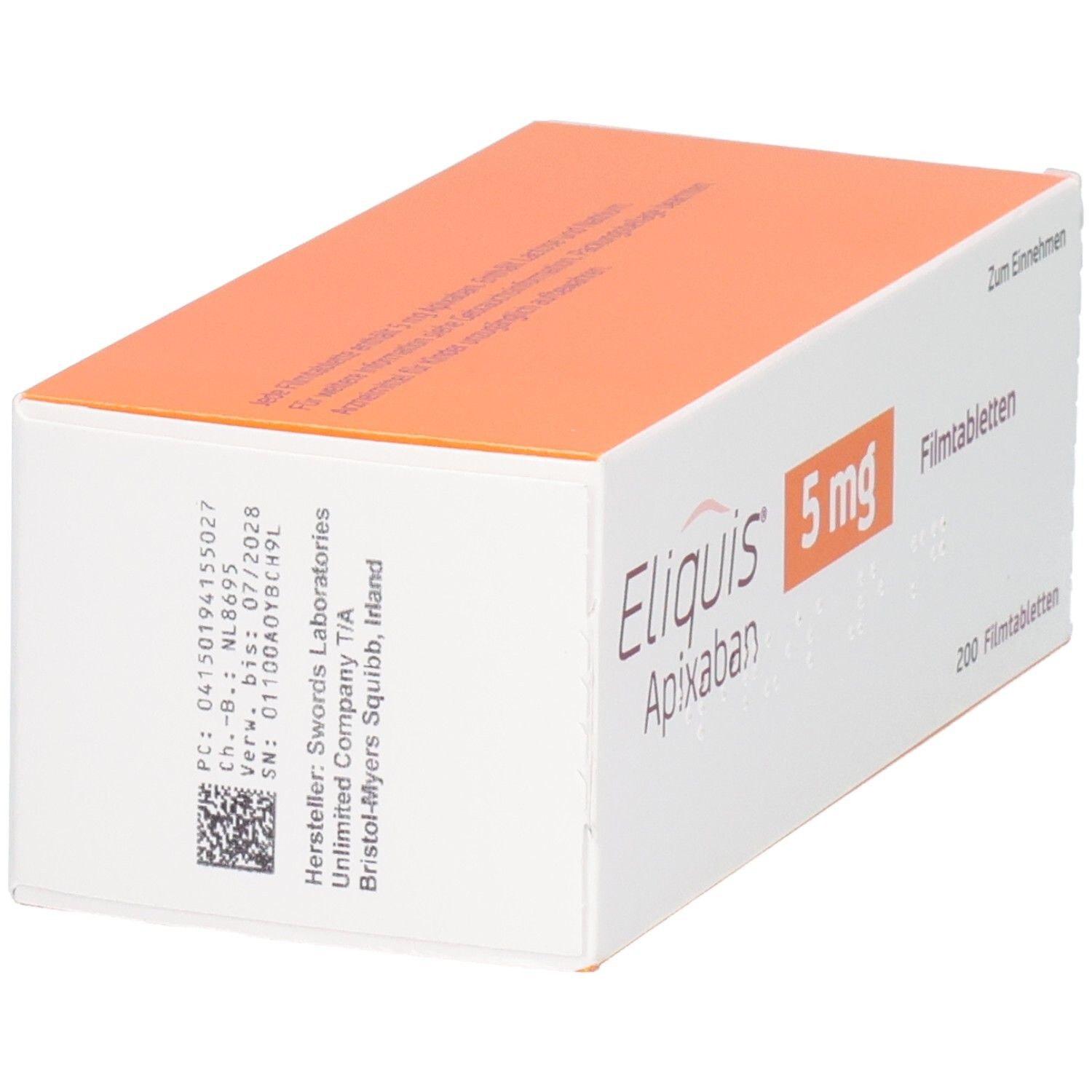 Seite einer Packung Eliquis 5 mg Apixaban Filmtabletten mit Herstellerangaben.