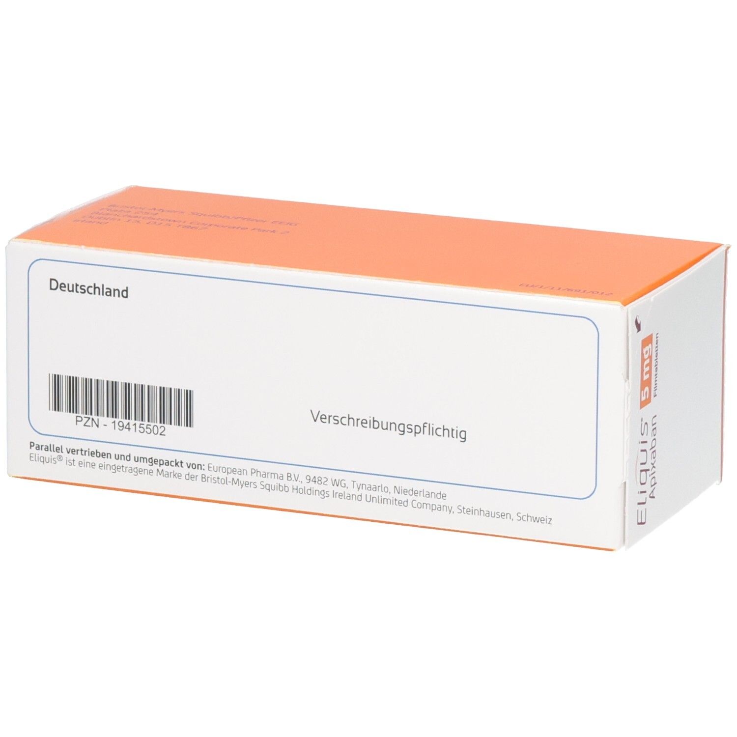 Rückseite einer Packung Eliquis 5 mg Apixaban Filmtabletten mit PZN und Barcode.