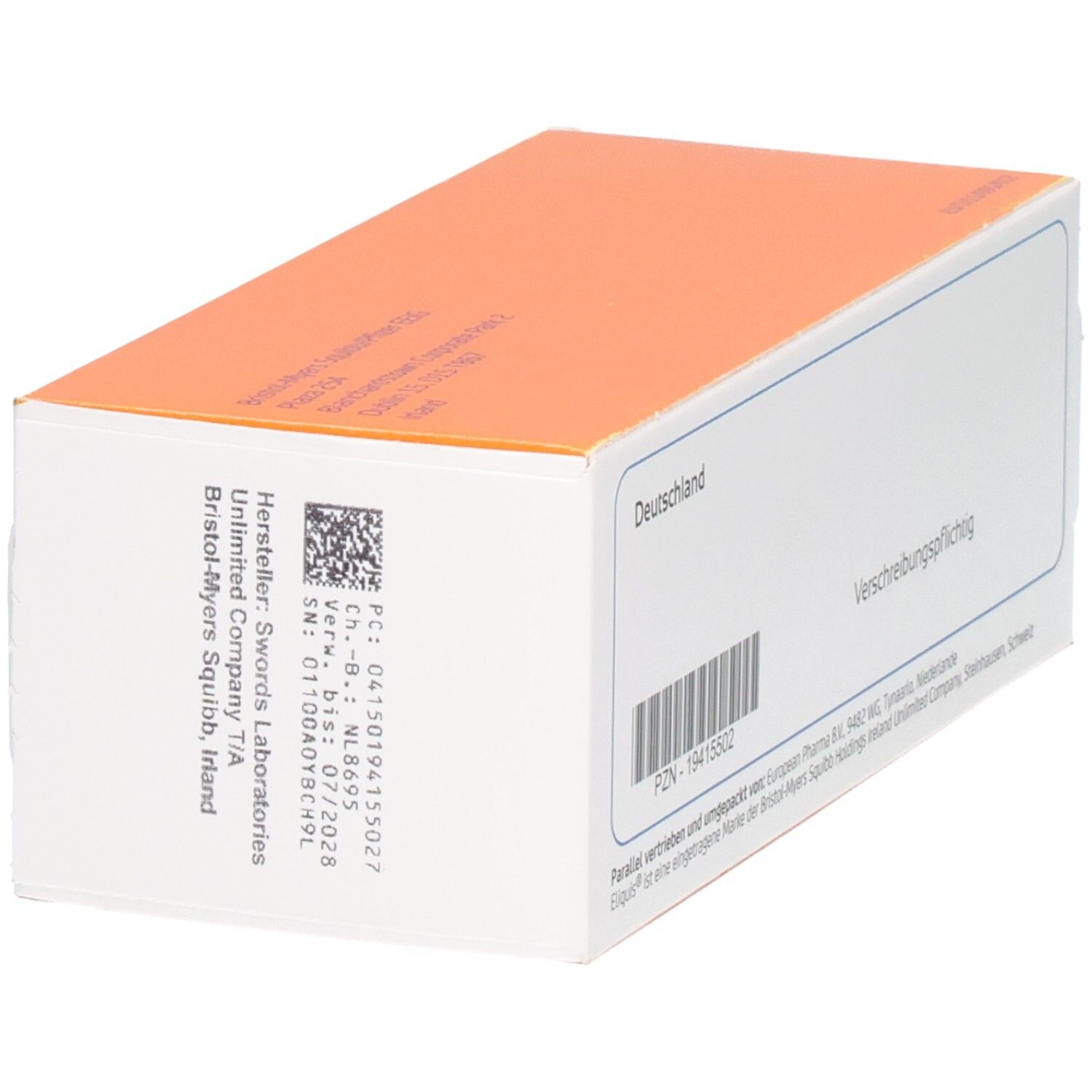 Seite einer Packung Eliquis 5 mg Apixaban Filmtabletten mit Länderkennzeichnung Deutschland.