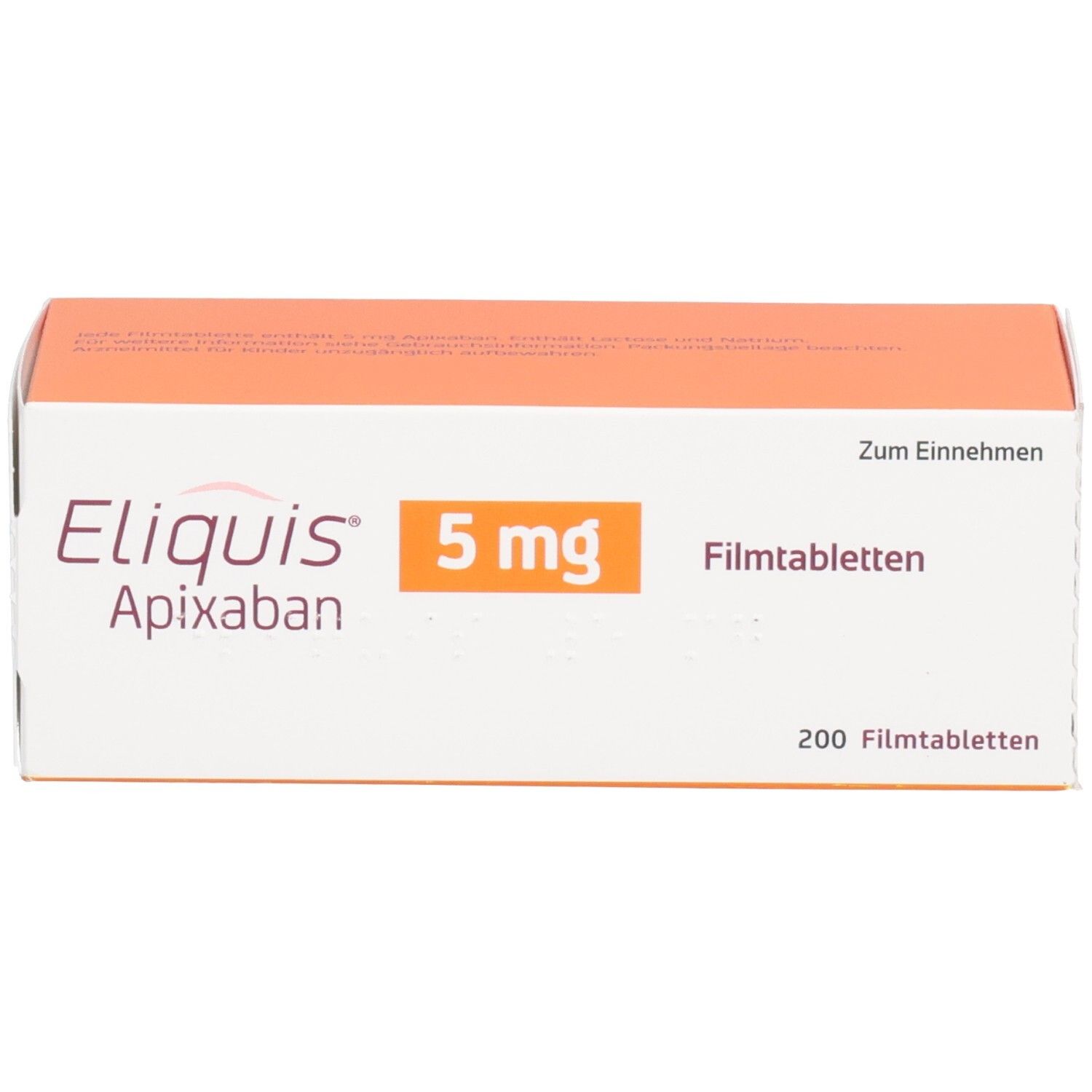 Packung Eliquis 5 mg Apixaban Filmtabletten, 200 Stück, von der Seite betrachtet.