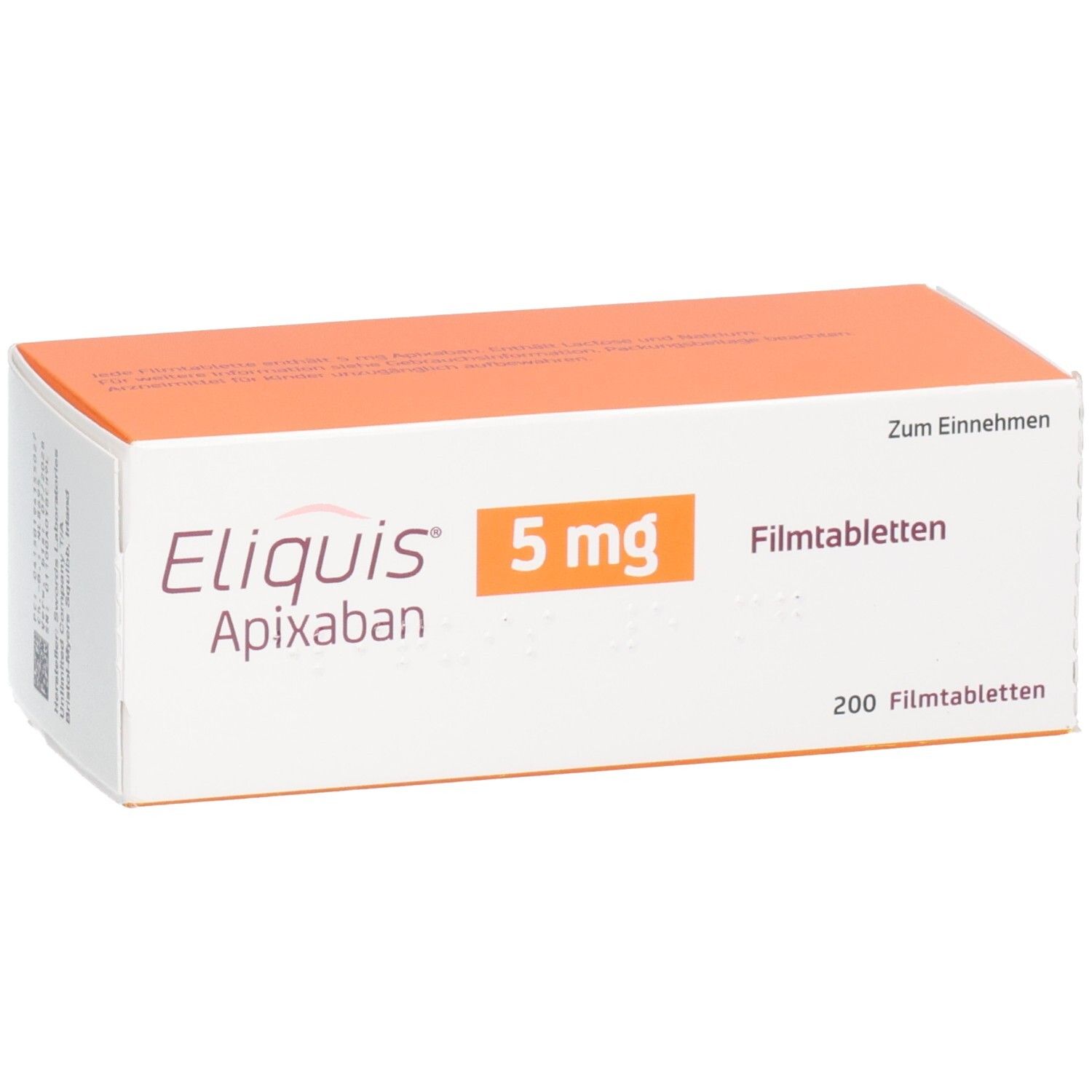 Vorderseite einer Packung Eliquis 5 mg Apixaban Filmtabletten, 200 Stück.