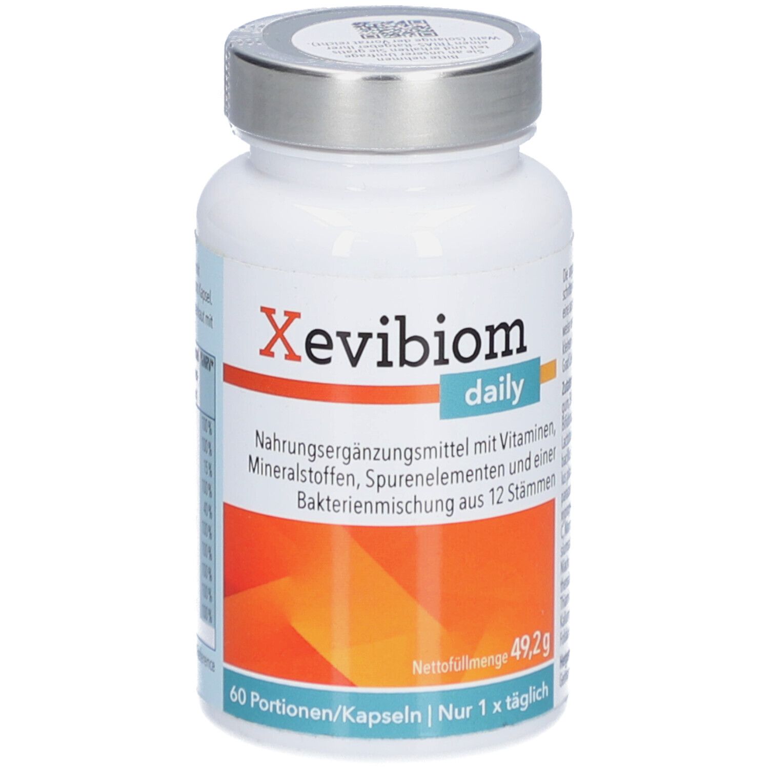 Weiße Flasche mit silbernem Deckel. Aufschrift: Xevibiom daily. Enthält Vitamine, Mineralstoffe, Spurenelemente und 12 Bakterienstämme.