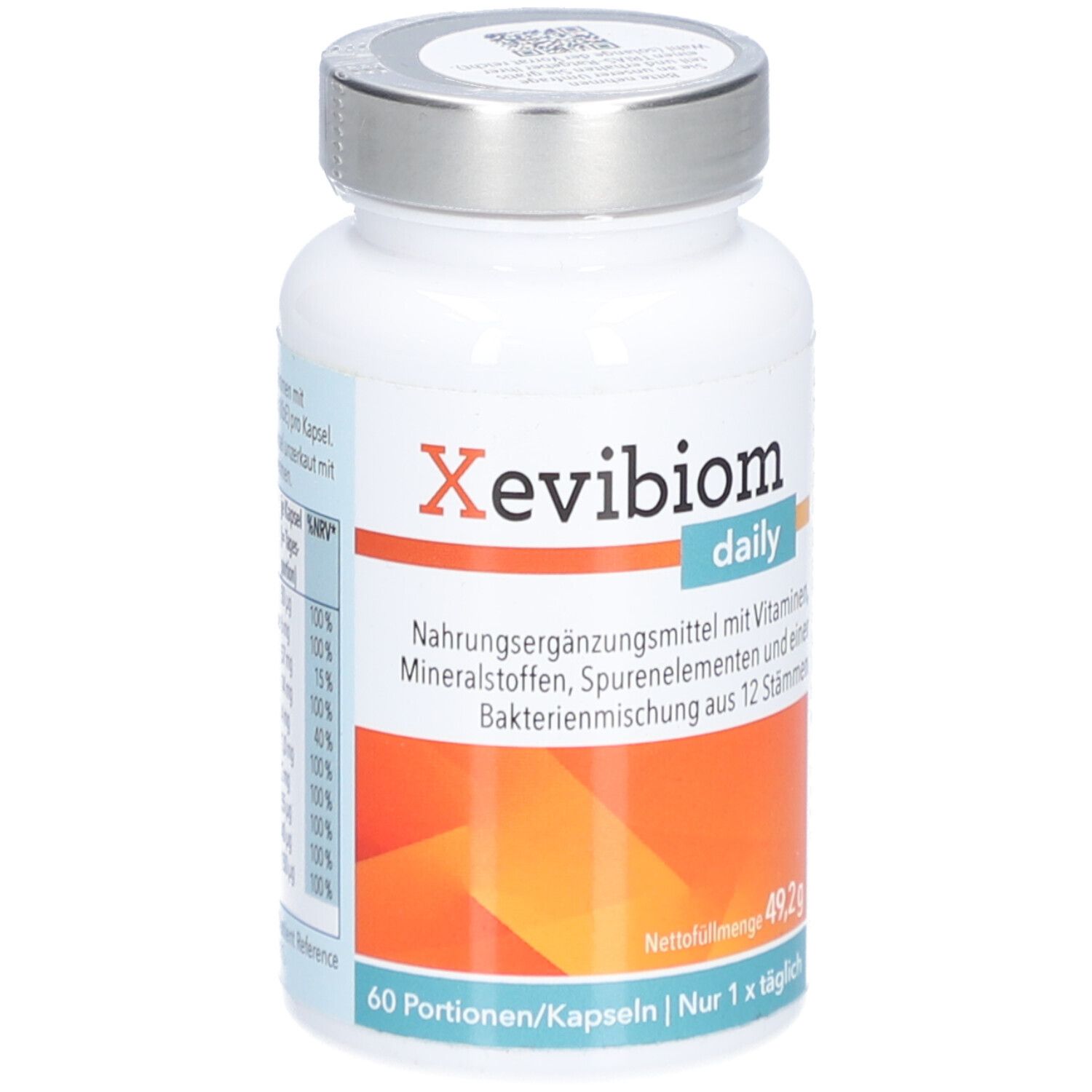 Weiße Flasche mit silbernem Deckel. Aufschrift: Xevibiom daily. Enthält Vitamine, Mineralstoffe, Spurenelemente und 12 Bakterienstämme.