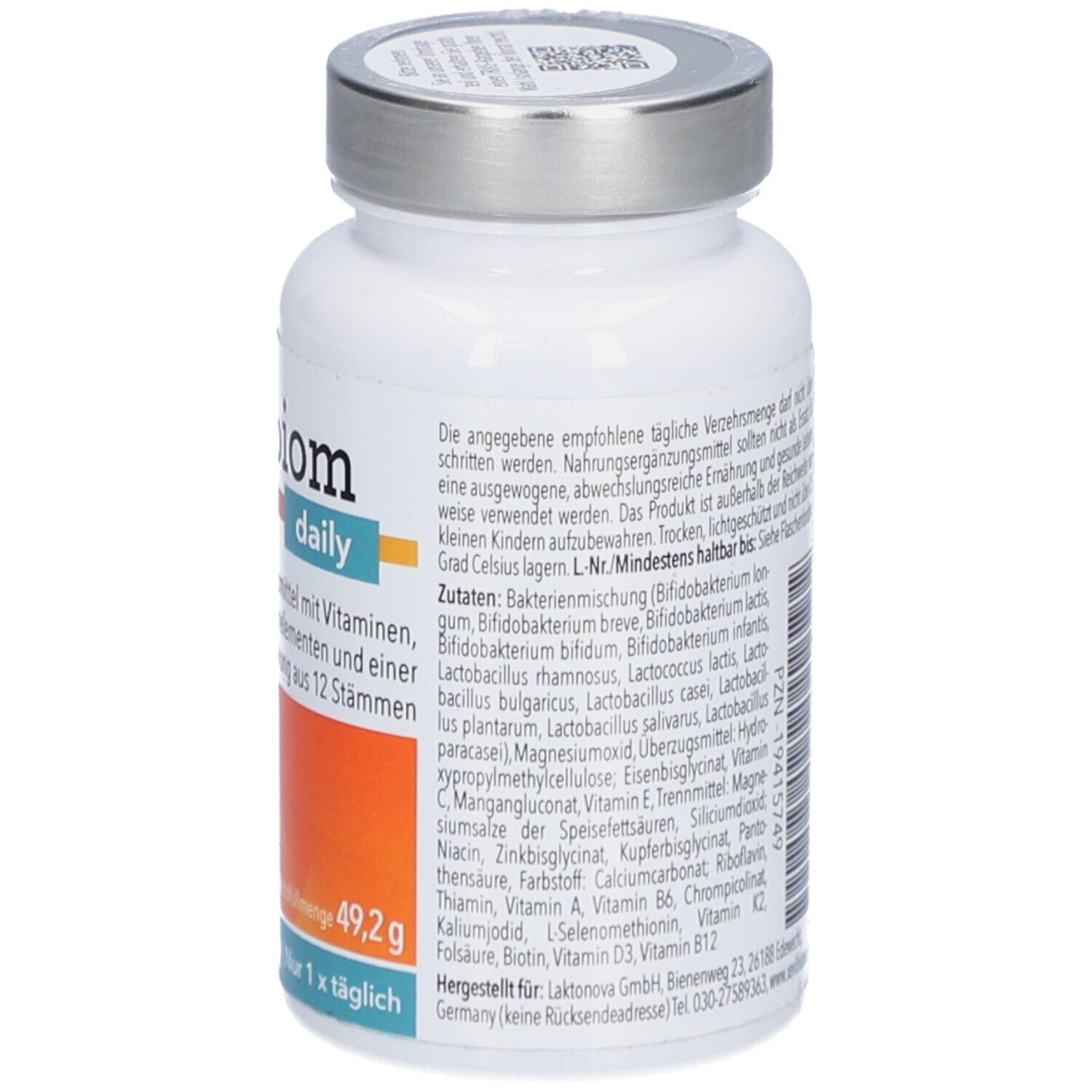 Rückseite der weißen Flasche mit silbernem Deckel. Enthält Informationen zu Inhaltsstoffen und Verzehrempfehlung. Aufschrift: Xevibiom daily.