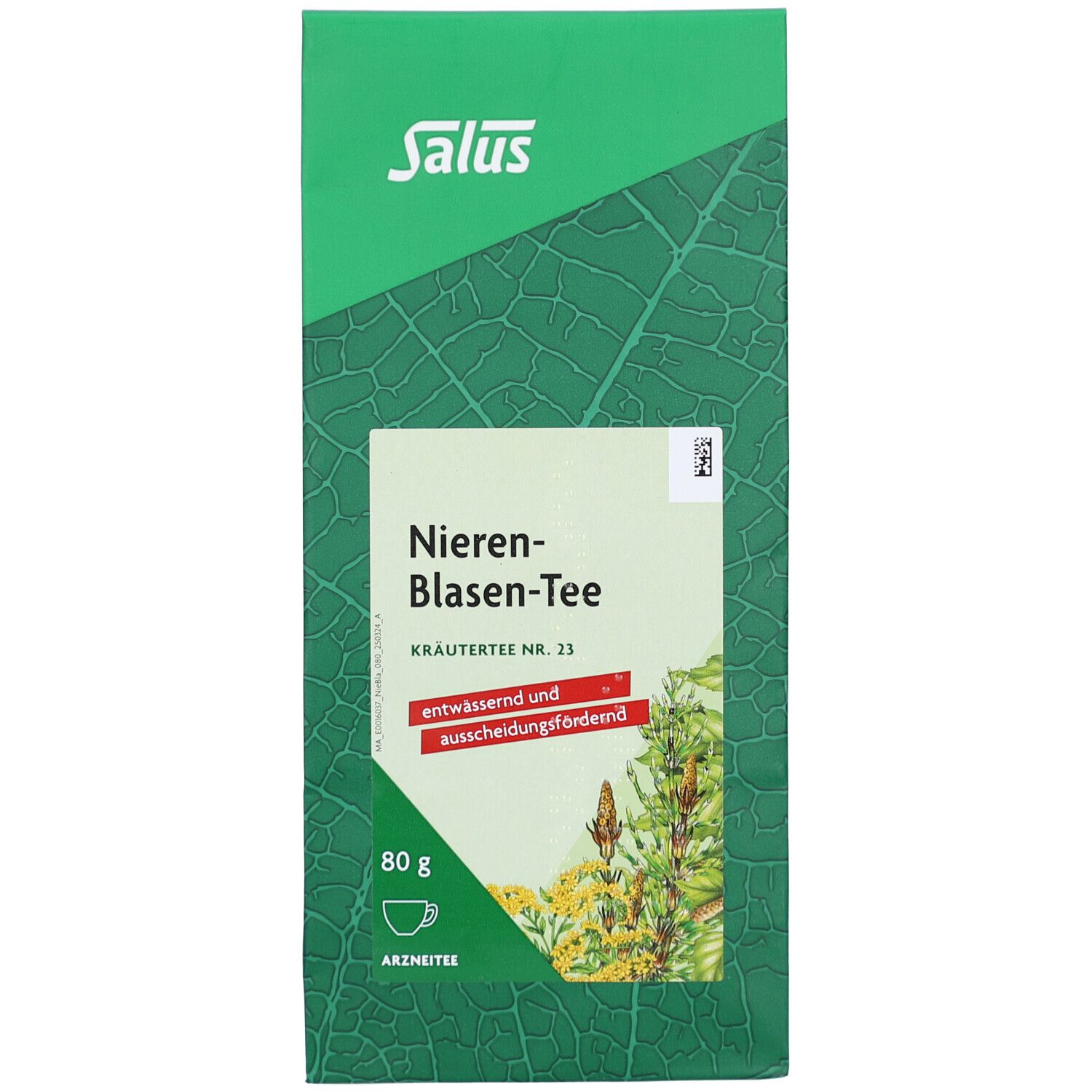 Grüne Verpackung mit Salus-Logo und Aufschrift Nieren-Blasen-Tee. Enthält 80 g Kräutertee Nr. 23. Mit Illustrationen.