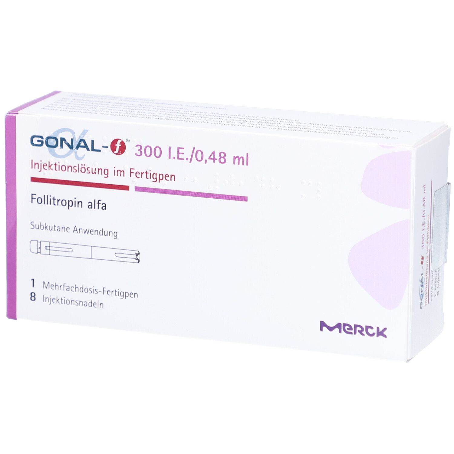 Karton GONAL-f 300 I.E./0,48 ml. Enthält Fertigpen und Injektionsnadeln. Merck-Logo.