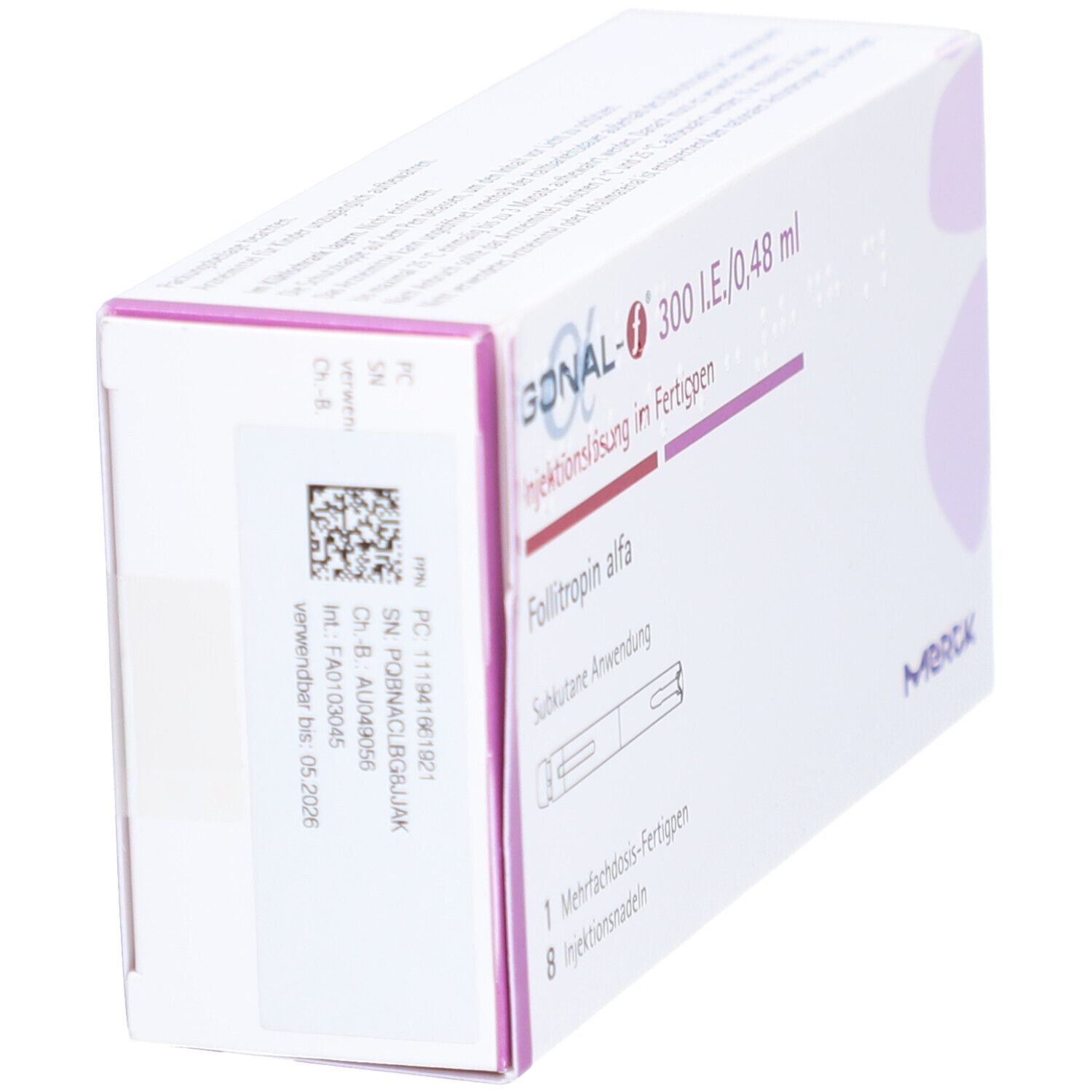 Schrägansicht der GONAL-f-Verpackung. Text: GONAL-f 300 I.E./0,48 ml. Merck-Logo.