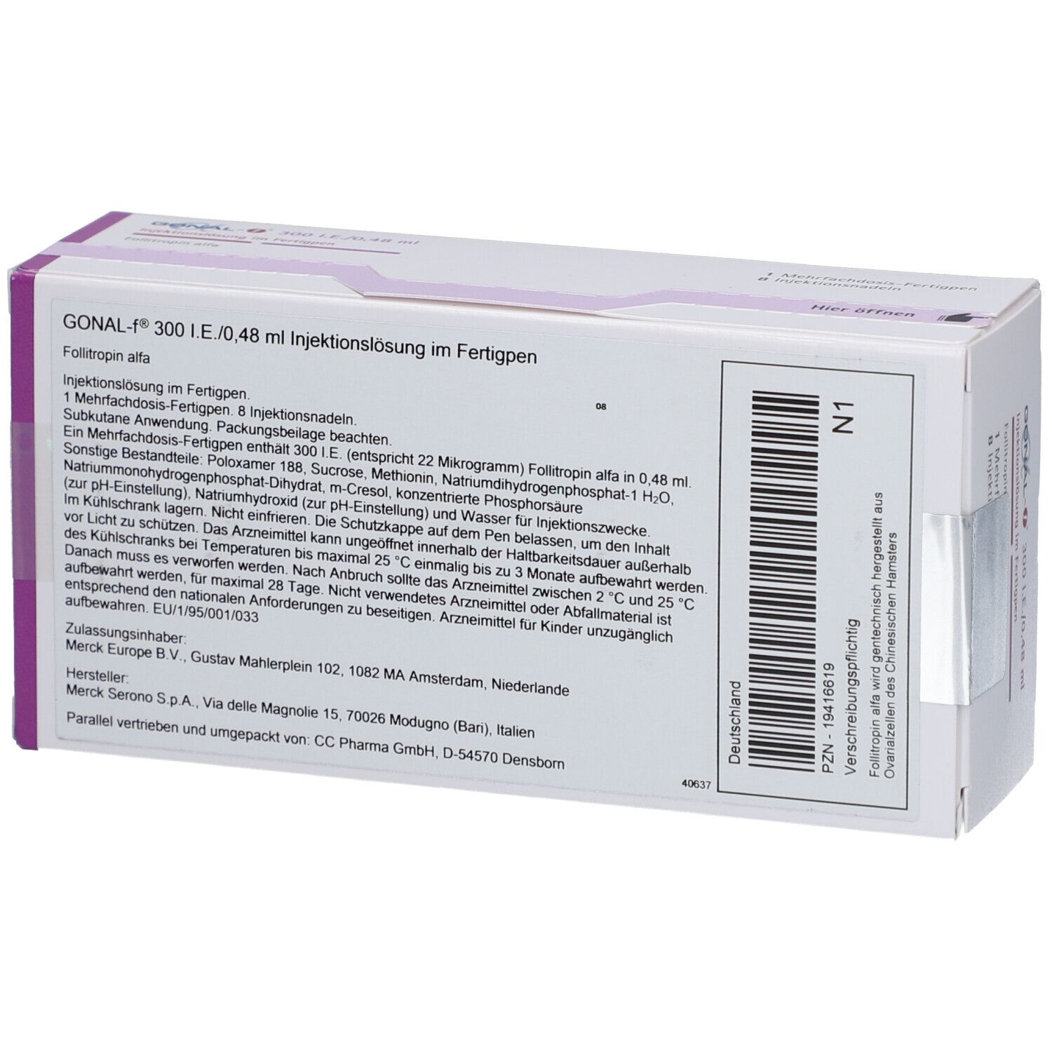 Rückseite der GONAL-f-Verpackung. Enthält Textinformationen und Barcode. Merck-Logo.