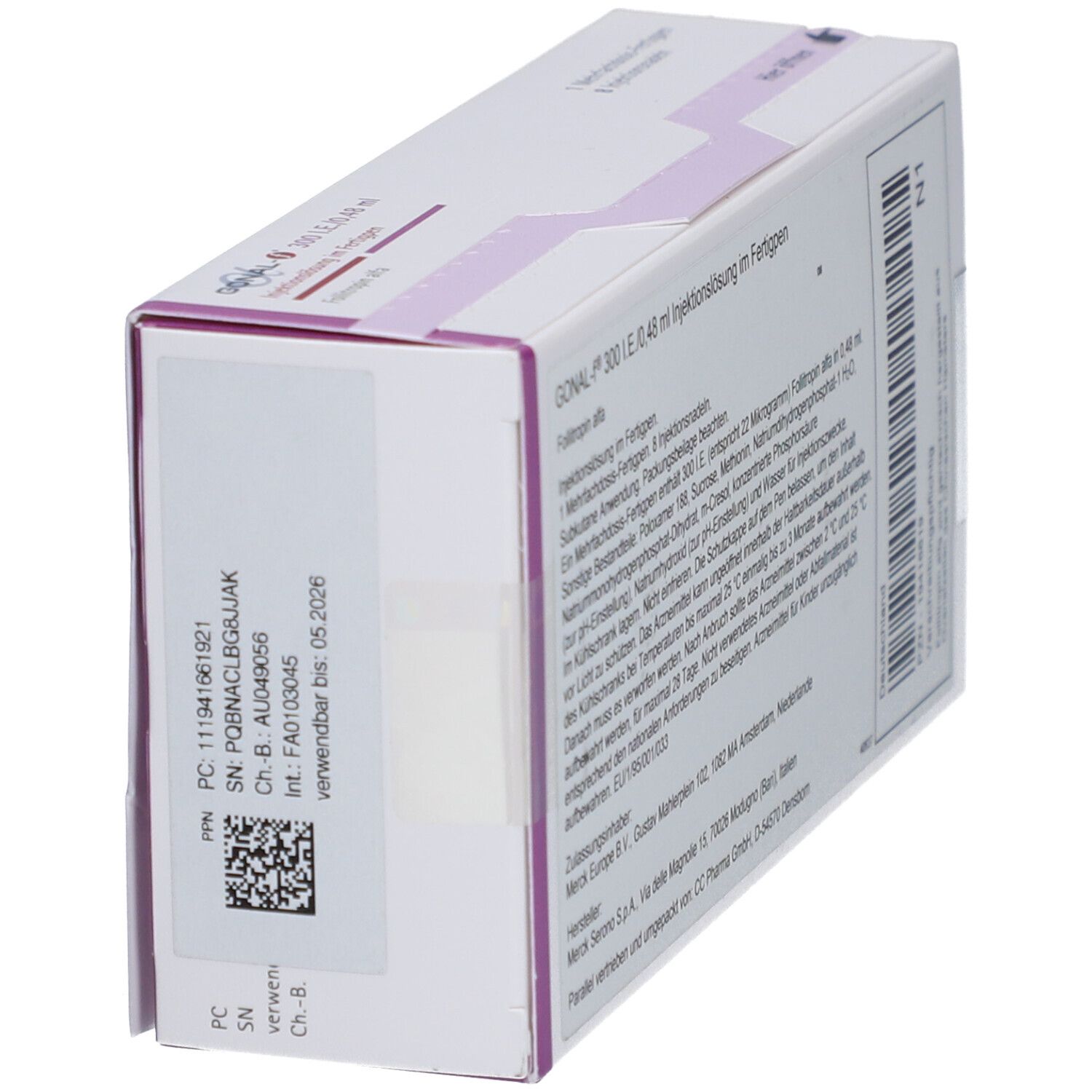 Schrägansicht der GONAL-f-Verpackung. Text und Barcode sichtbar. Merck-Logo.
