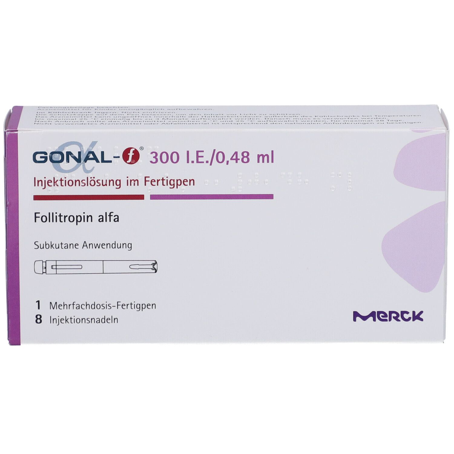 GONAL-f-Verpackung. Enthält Fertigpen und Injektionsnadeln. Merck-Logo.