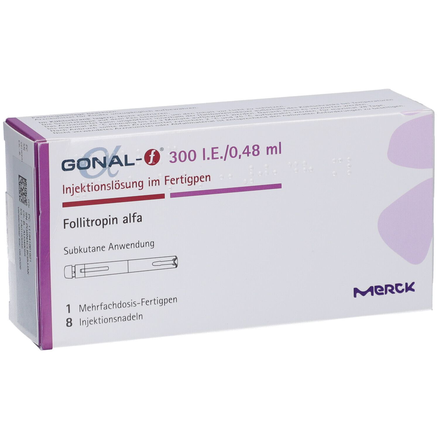 GONAL-f-Verpackung. Enthält Fertigpen und Injektionsnadeln. Merck-Logo.