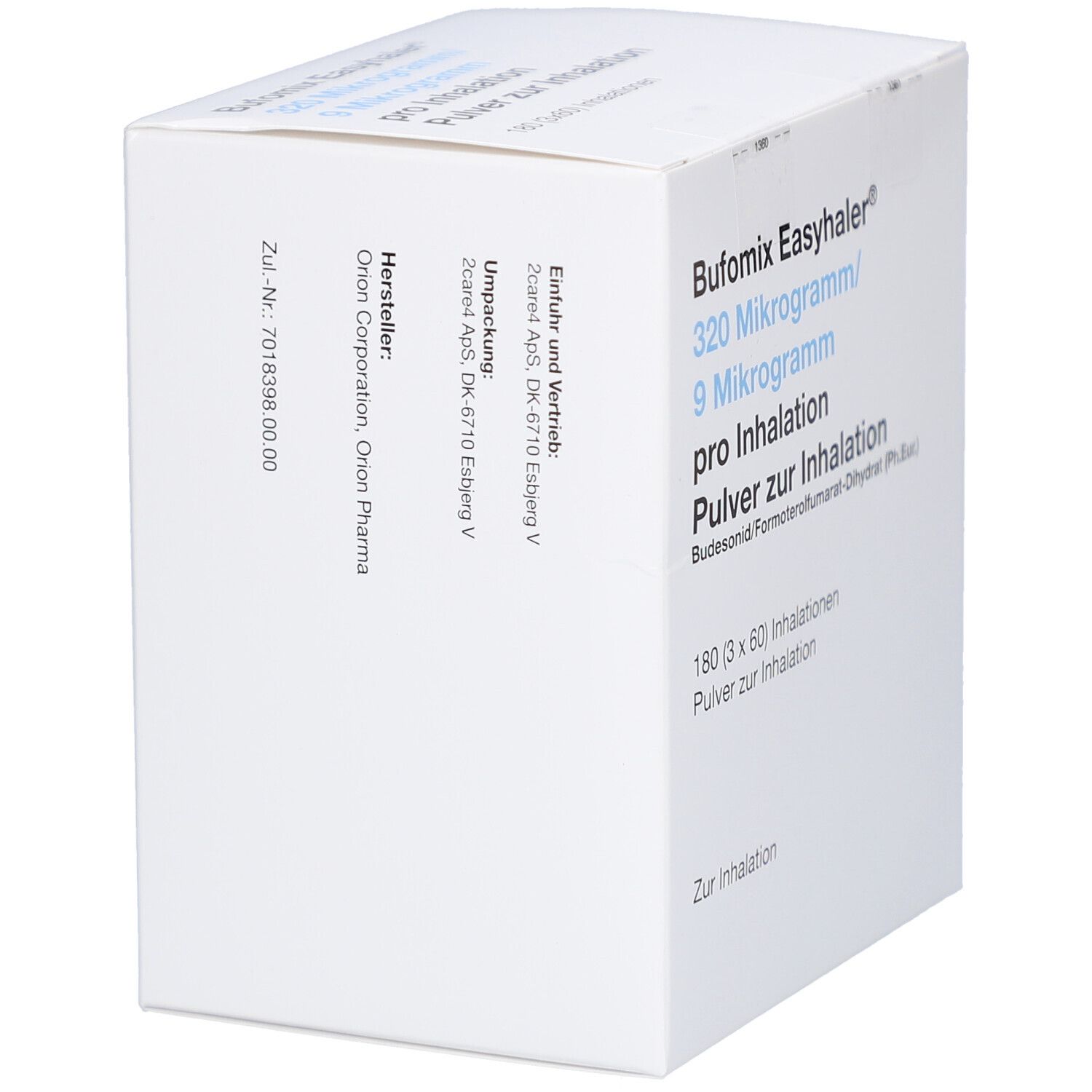 Weiße quadratische Schachtel. Aufschrift: Bufomix Easyhaler, 320 Mikrogramm/9 Mikrogramm pro Inhalation, Pulver zur Inhalation. Hersteller: Orion.