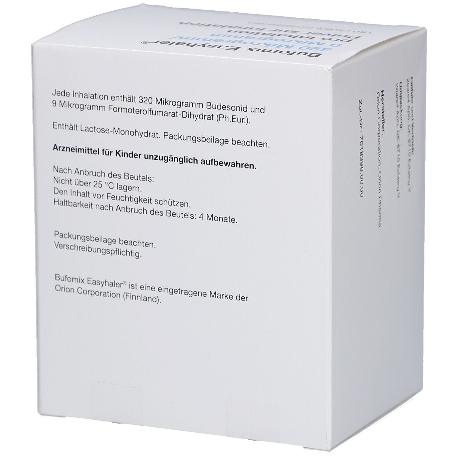 Weiße quadratische Schachtel. Text: Enthält 320 Mikrogramm Budesonid und 9 Mikrogramm Formoterolfumarat-Dihydrat. Arzneimittel für Kinder unzugänglich aufbewahren.