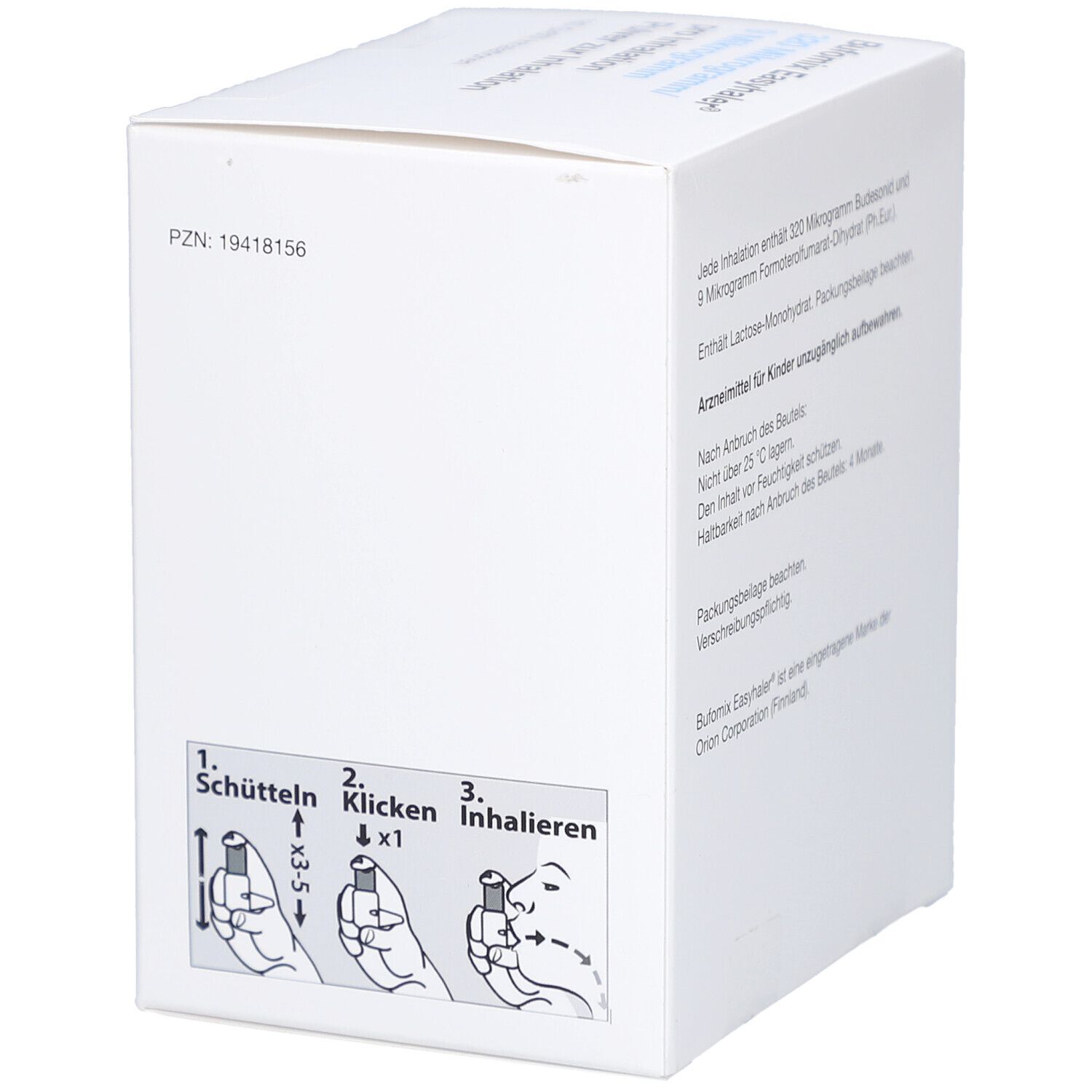 Weiße quadratische Schachtel. Illustrationen: 3 Schritte zur Inhalation. Text: Schütteln, Klicken, Inhalieren.