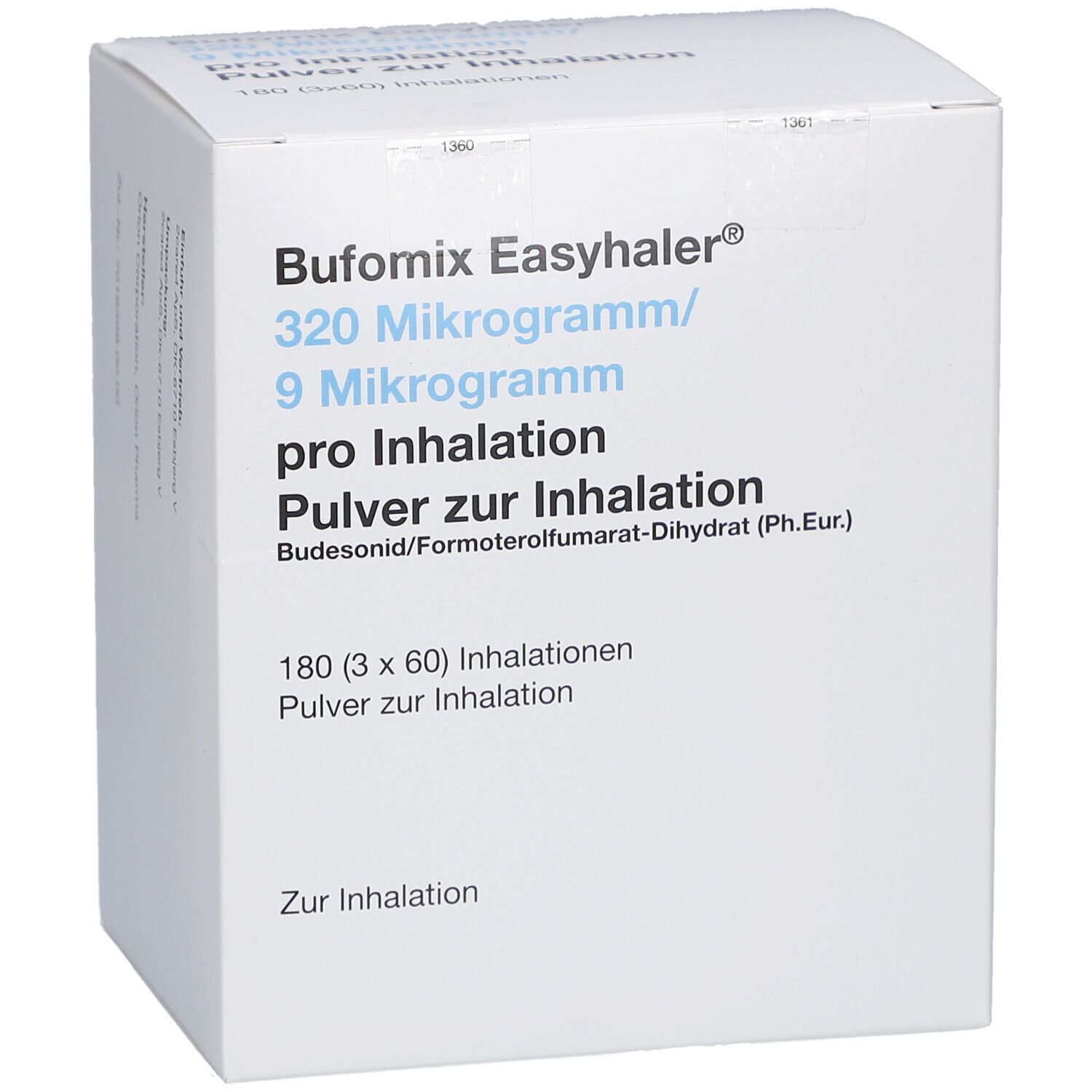 Weiße quadratische Schachtel. Aufschrift: Bufomix Easyhaler, 320 Mikrogramm/9 Mikrogramm pro Inhalation, Pulver zur Inhalation.