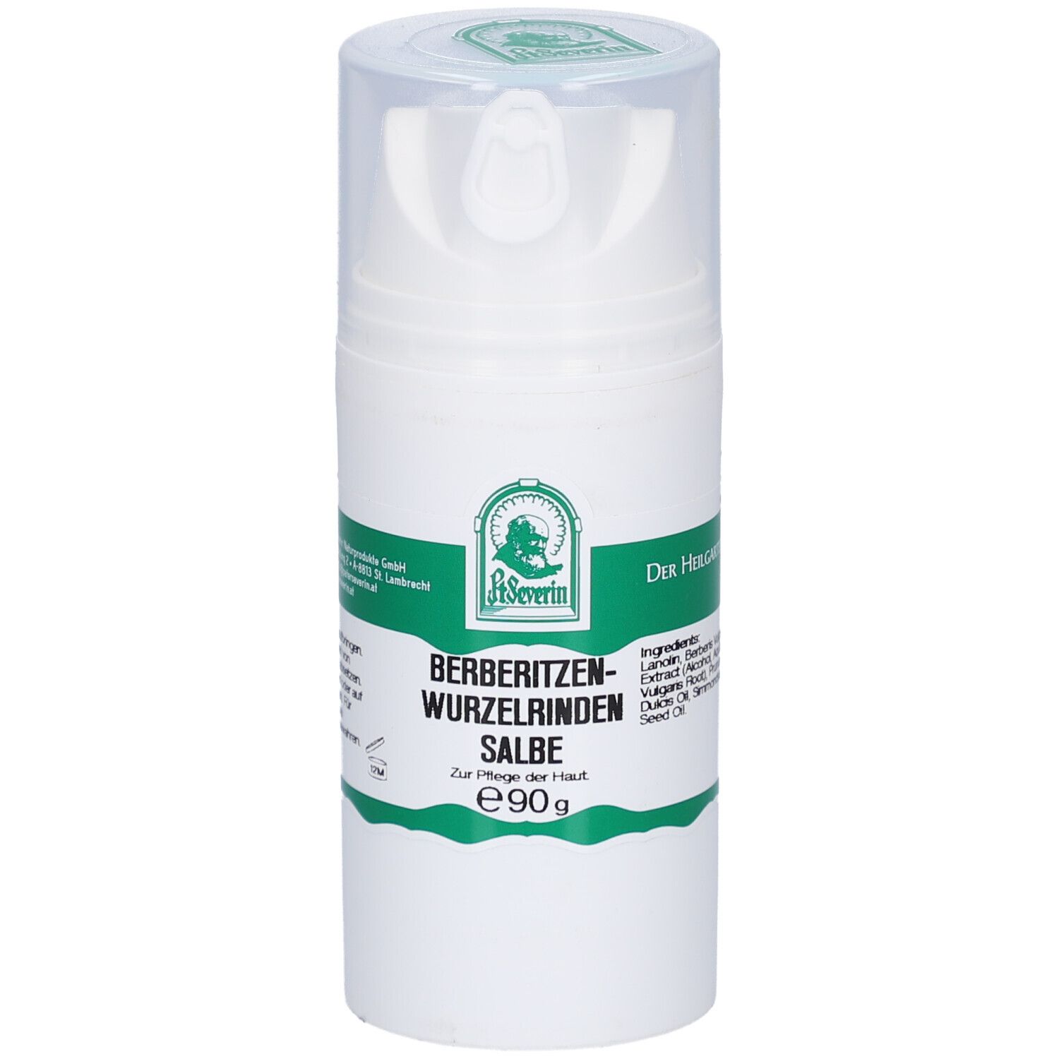 Weiße Flasche mit grünem Etikett. Text: Berberitzen-Wurzelrinden Salbe, e90g. Klare Kappe. Logo: P. Severin.