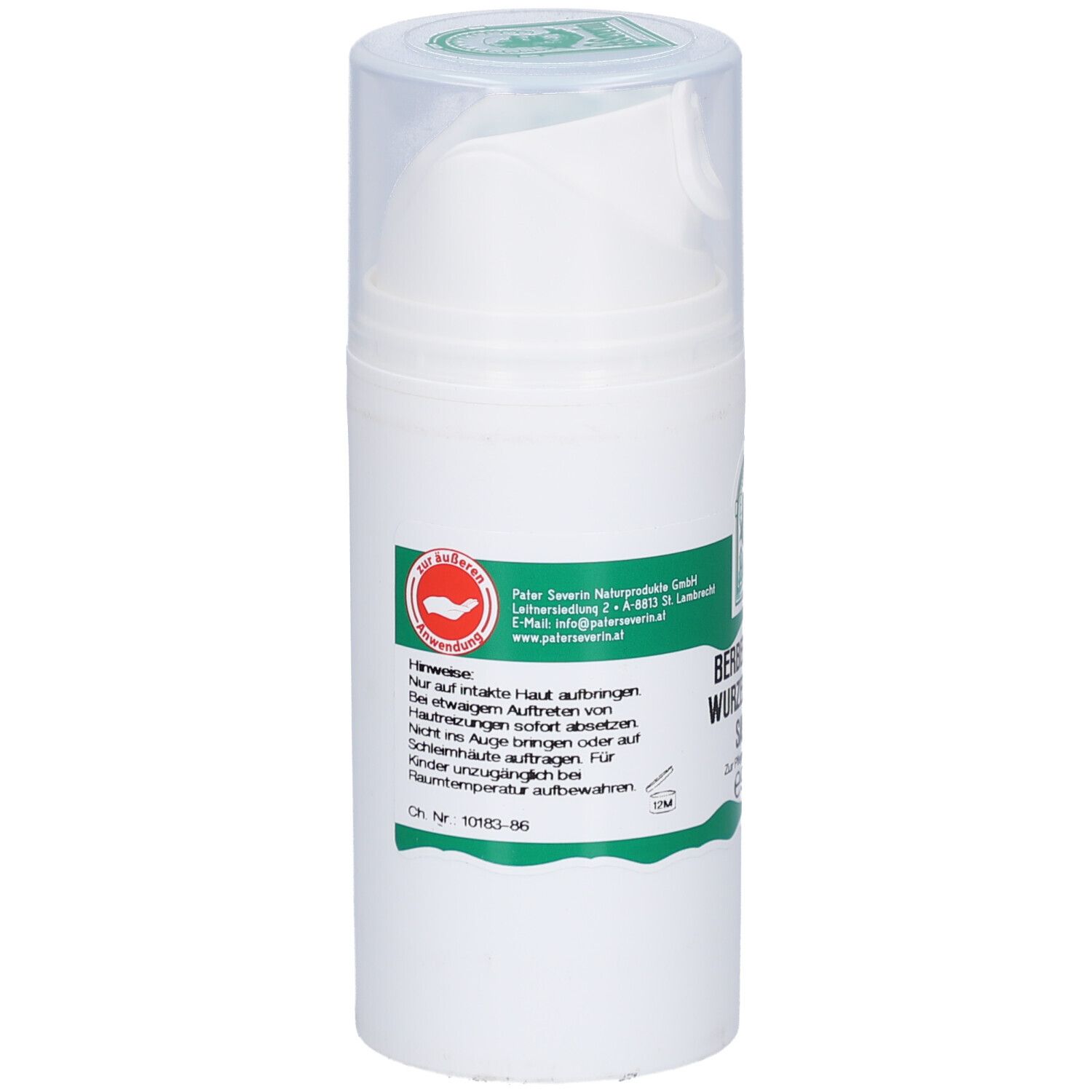 Weiße Flasche mit grünem Etikett. Text: Hinweise. Logo: P. Severin. Klare Kappe. Text: Berberitzen-Wurzelrinden Salbe.