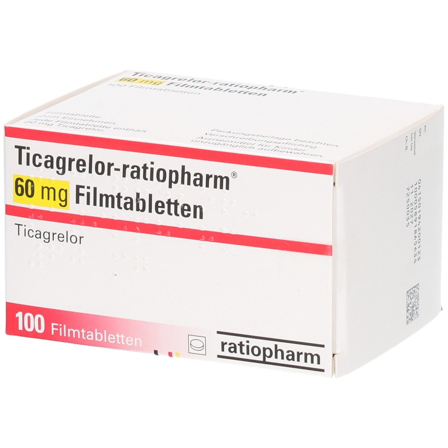 Verpackung Ticagrelor-ratiopharm 60 mg Filmtabletten, 100 Stück.
