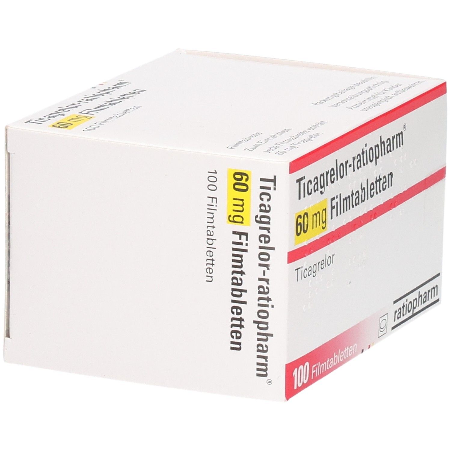 Packung Ticagrelor-ratiopharm 60 mg Filmtabletten, 100 Filmtabletten.