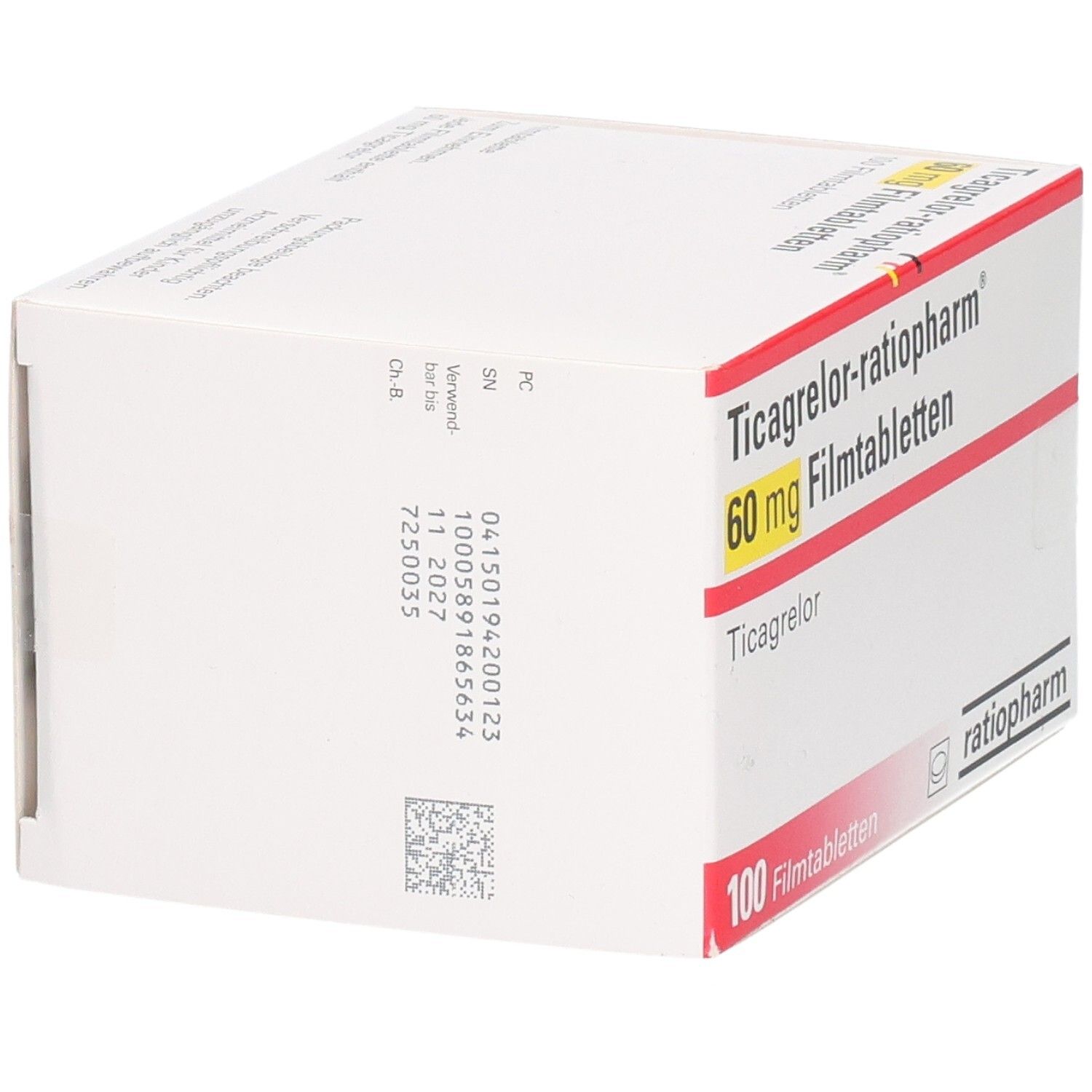 Packung Ticagrelor-ratiopharm 60 mg Filmtabletten, 100 Stück.