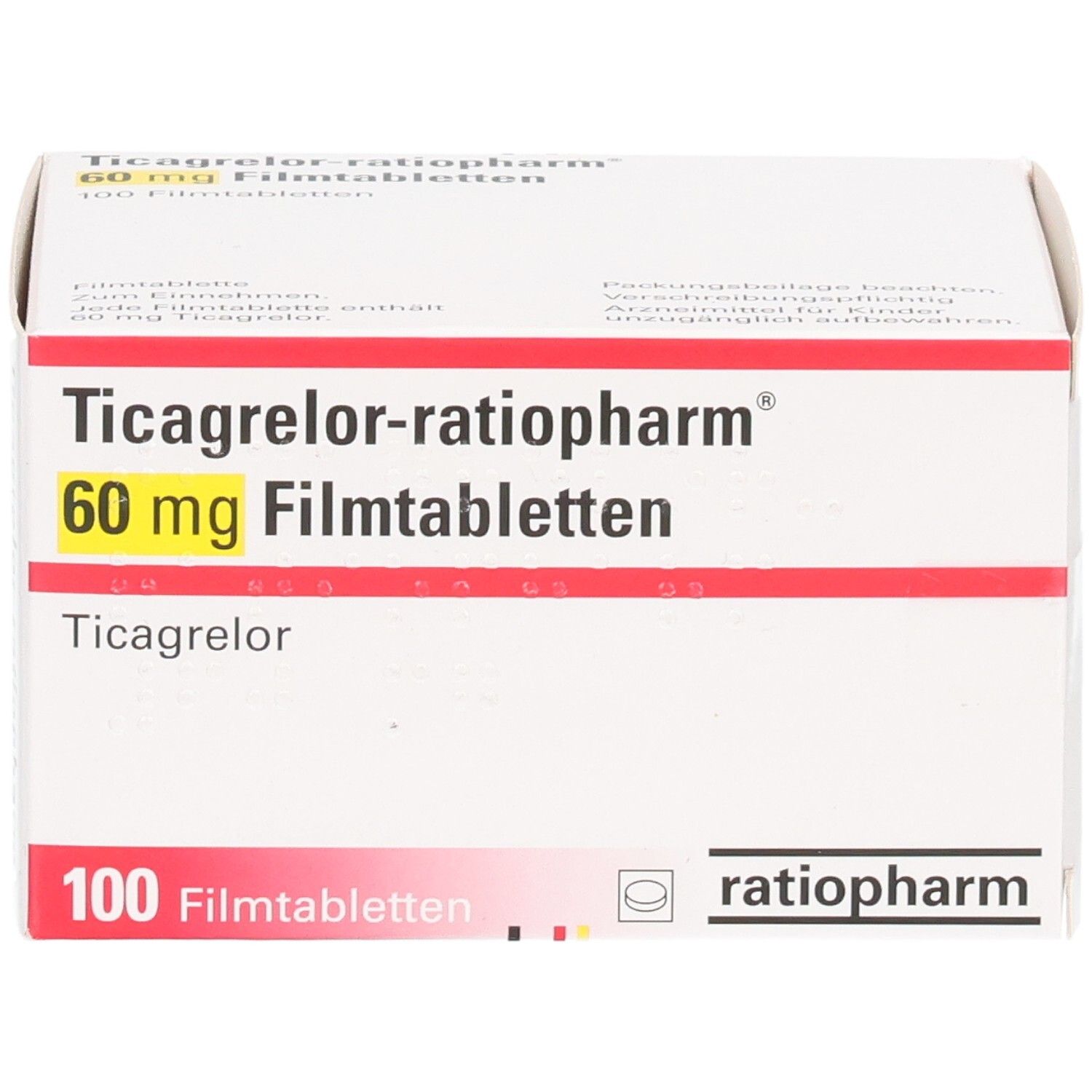 Verpackung von Ticagrelor-ratiopharm 60 mg Filmtabletten, 100 Stück.