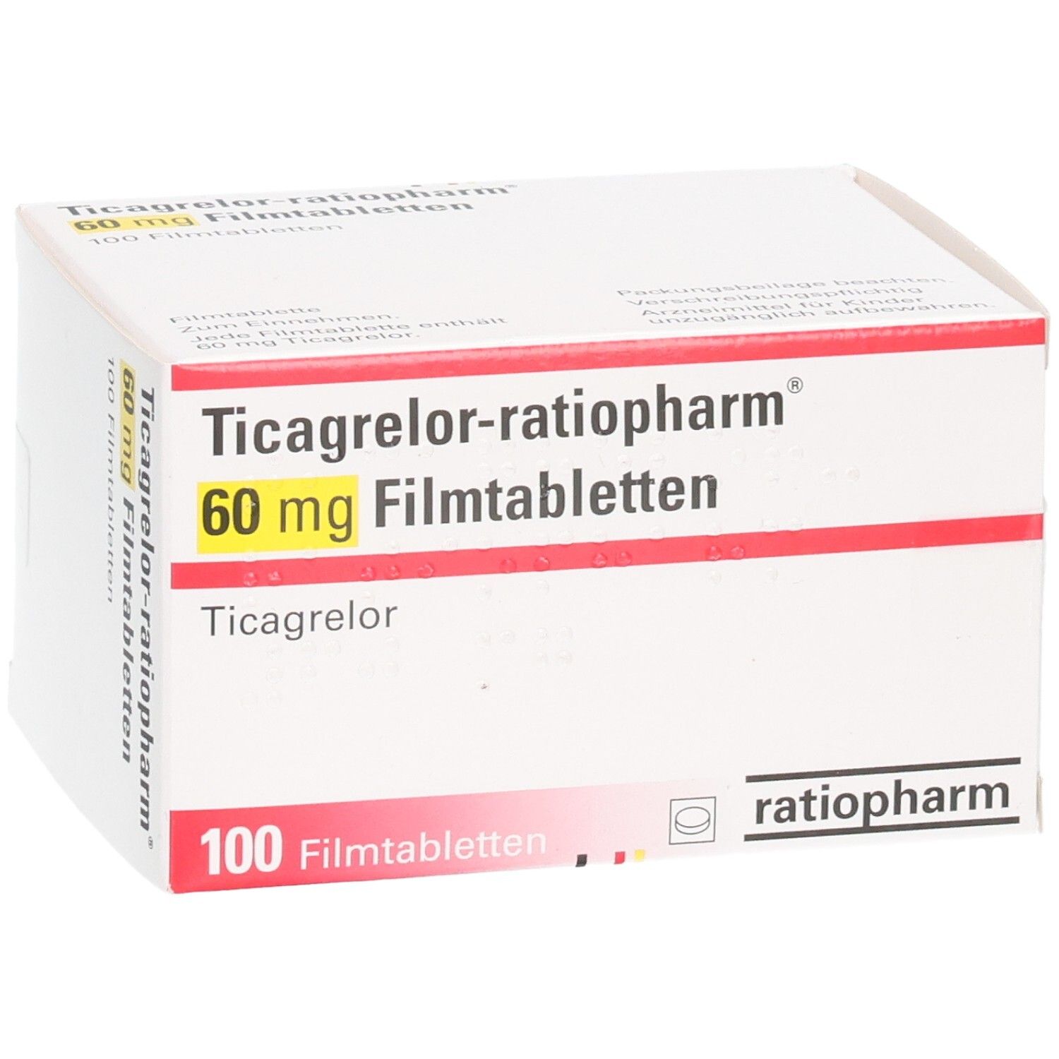 Packung Ticagrelor-ratiopharm 60 mg Filmtabletten, 100 Stück.