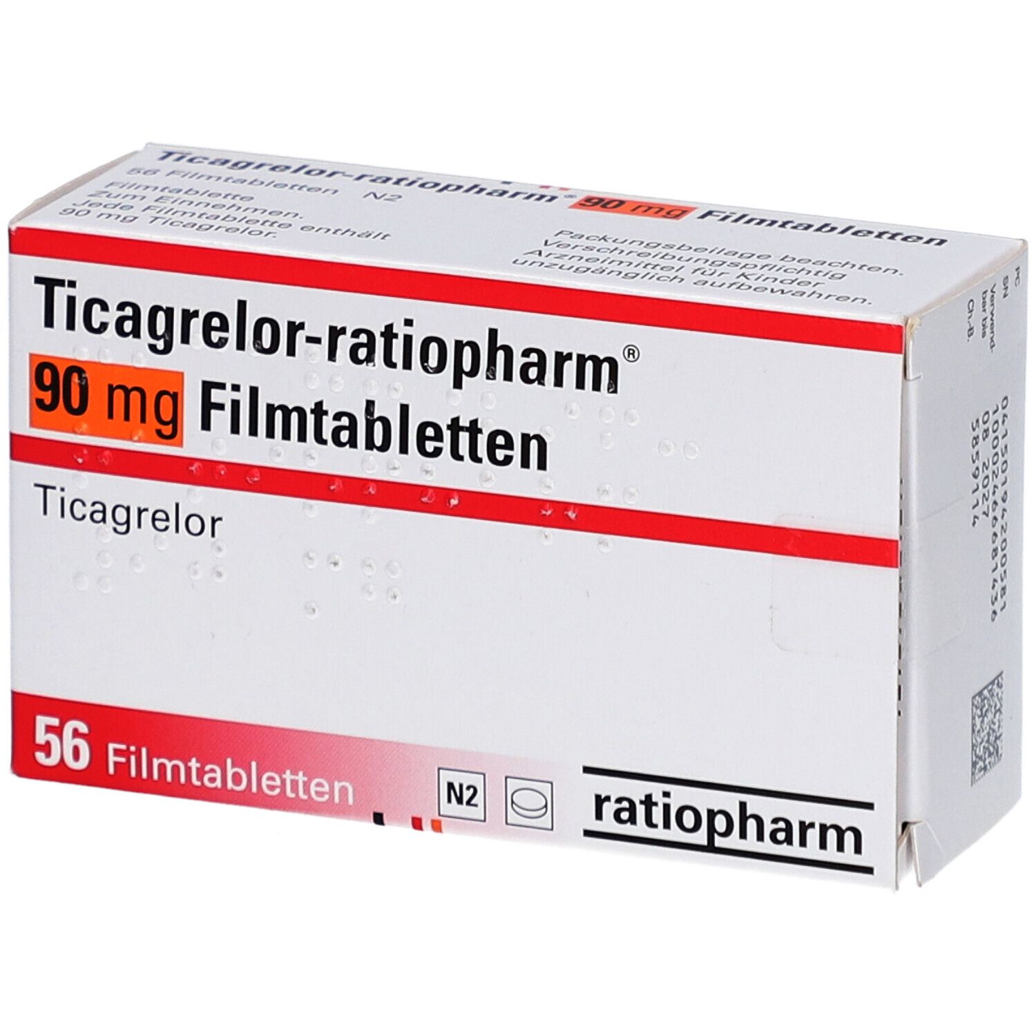 Schachtel mit Ticagrelor-ratiopharm 90 mg Filmtabletten. Aufschrift: 56 Filmtabletten. Marke ratiopharm. Orangefarbenes Feld mit 90 mg.
