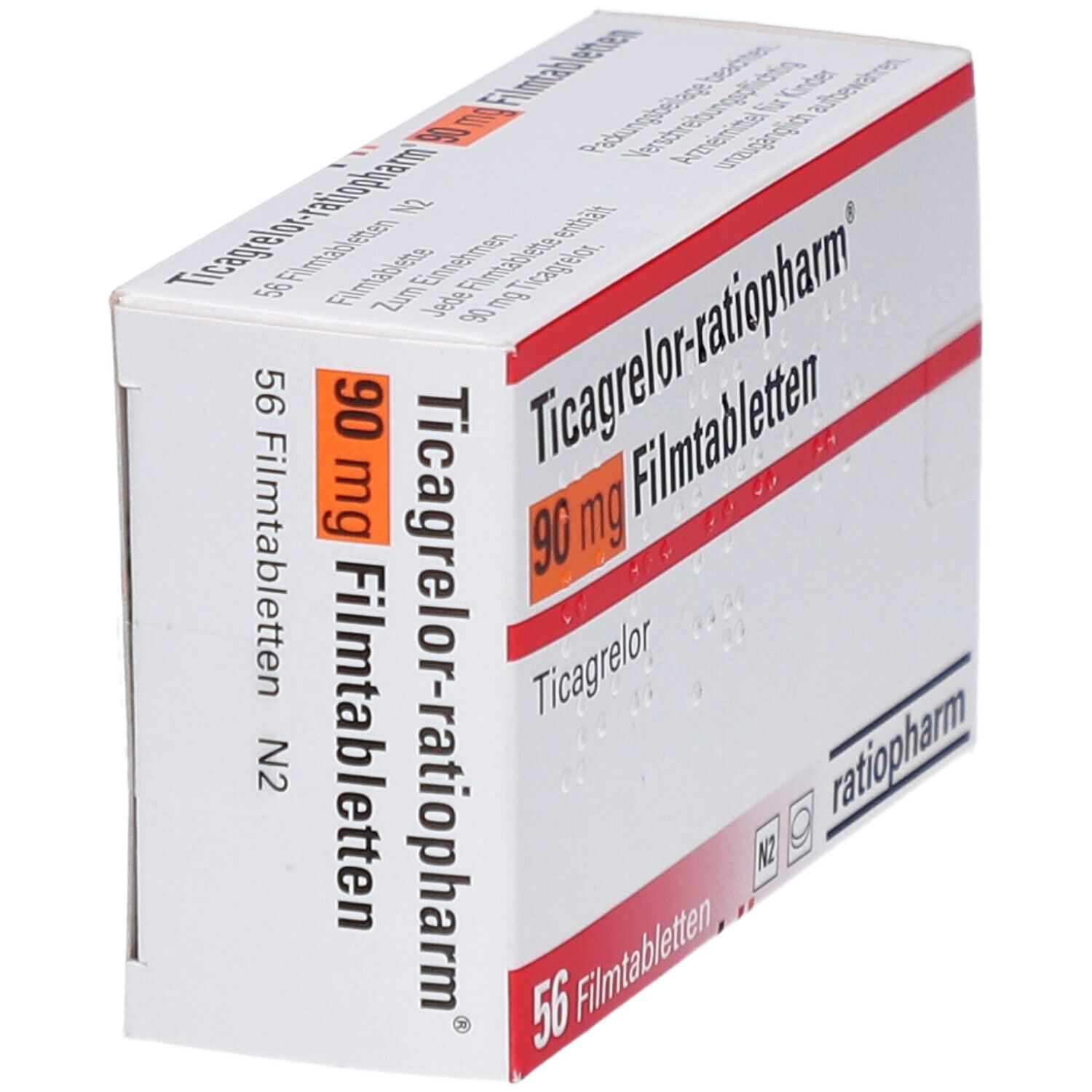 Schachtel mit Ticagrelor-ratiopharm 90 mg Filmtabletten. Aufschrift: 56 Filmtabletten. Marke ratiopharm. Orangefarbenes Feld mit 90 mg.