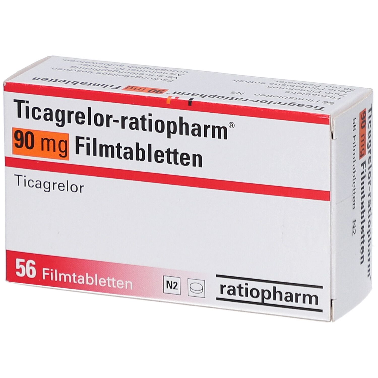 Schachtel mit Ticagrelor-ratiopharm 90 mg Filmtabletten. Aufschrift: 56 Filmtabletten. Marke ratiopharm. Orangefarbenes Feld mit 90 mg.