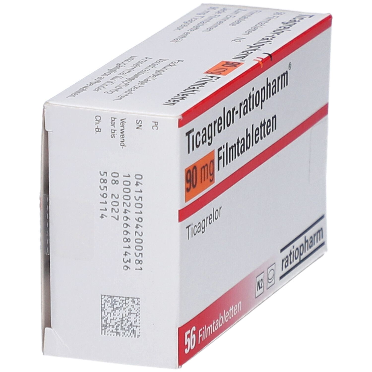 Schachtel mit Ticagrelor-ratiopharm 90 mg Filmtabletten. Aufschrift: 56 Filmtabletten. Marke ratiopharm. Orangefarbenes Feld mit 90 mg.