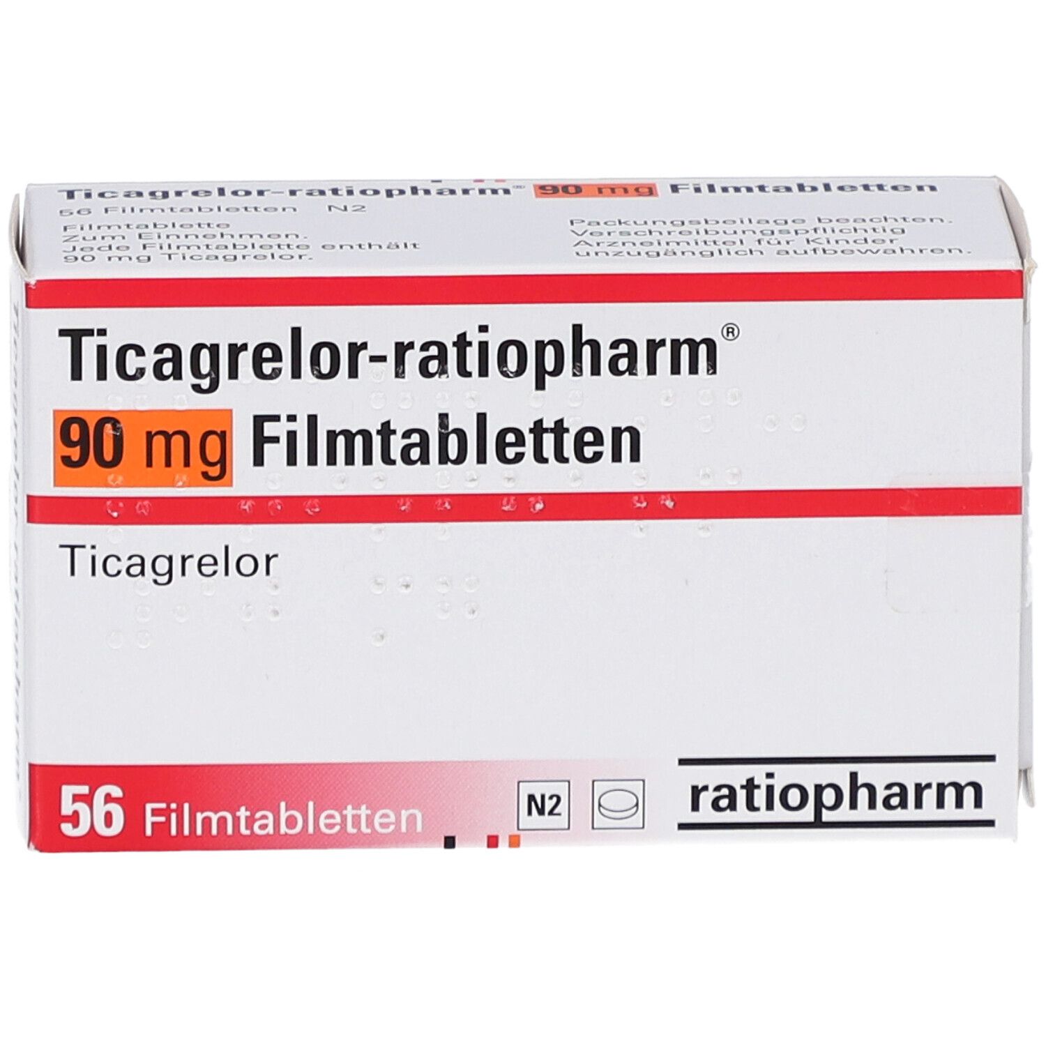 Schachtel mit Ticagrelor-ratiopharm 90 mg Filmtabletten. Aufschrift: 56 Filmtabletten. Marke ratiopharm. Orangefarbenes Feld mit 90 mg.