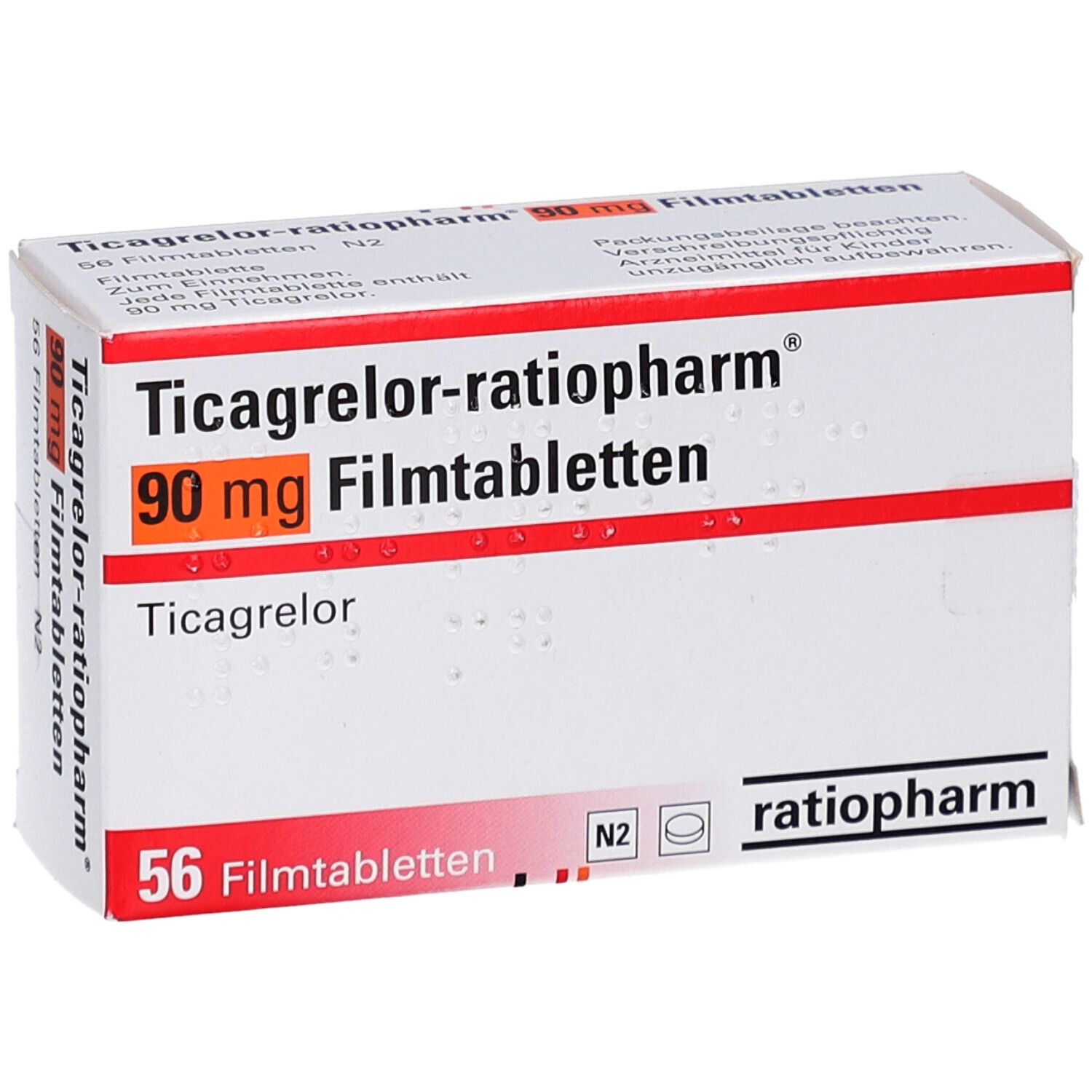 Schachtel mit Ticagrelor-ratiopharm 90 mg Filmtabletten. Aufschrift: 56 Filmtabletten. Marke ratiopharm. Orangefarbenes Feld mit 90 mg.