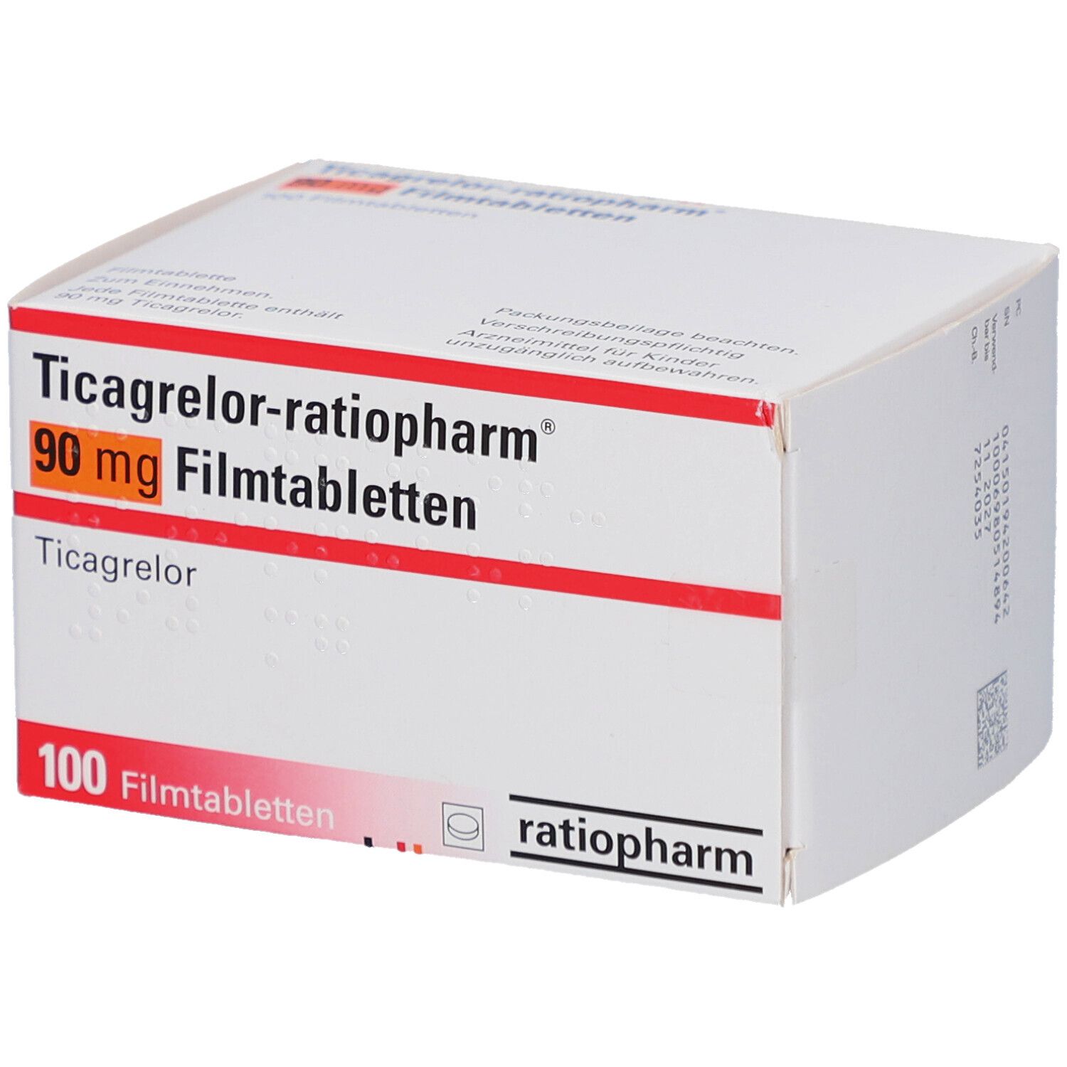 Weiße Schachtel mit Aufschrift Ticagrelor-ratiopharm 90 mg Filmtabletten. 100 Filmtabletten. Logo ratiopharm.