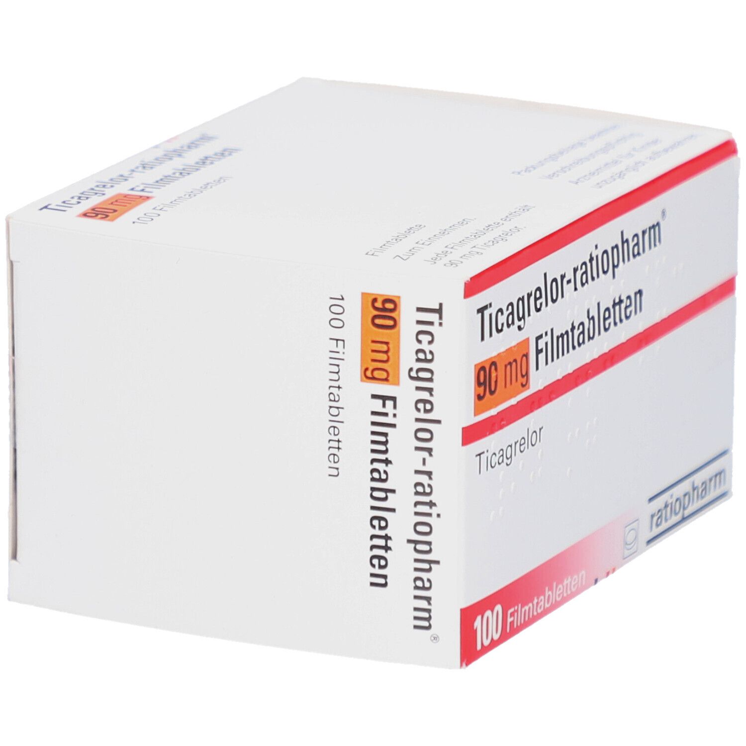 Weiße Schachtel mit Aufschrift Ticagrelor-ratiopharm 90 mg Filmtabletten. 100 Filmtabletten. Logo ratiopharm.