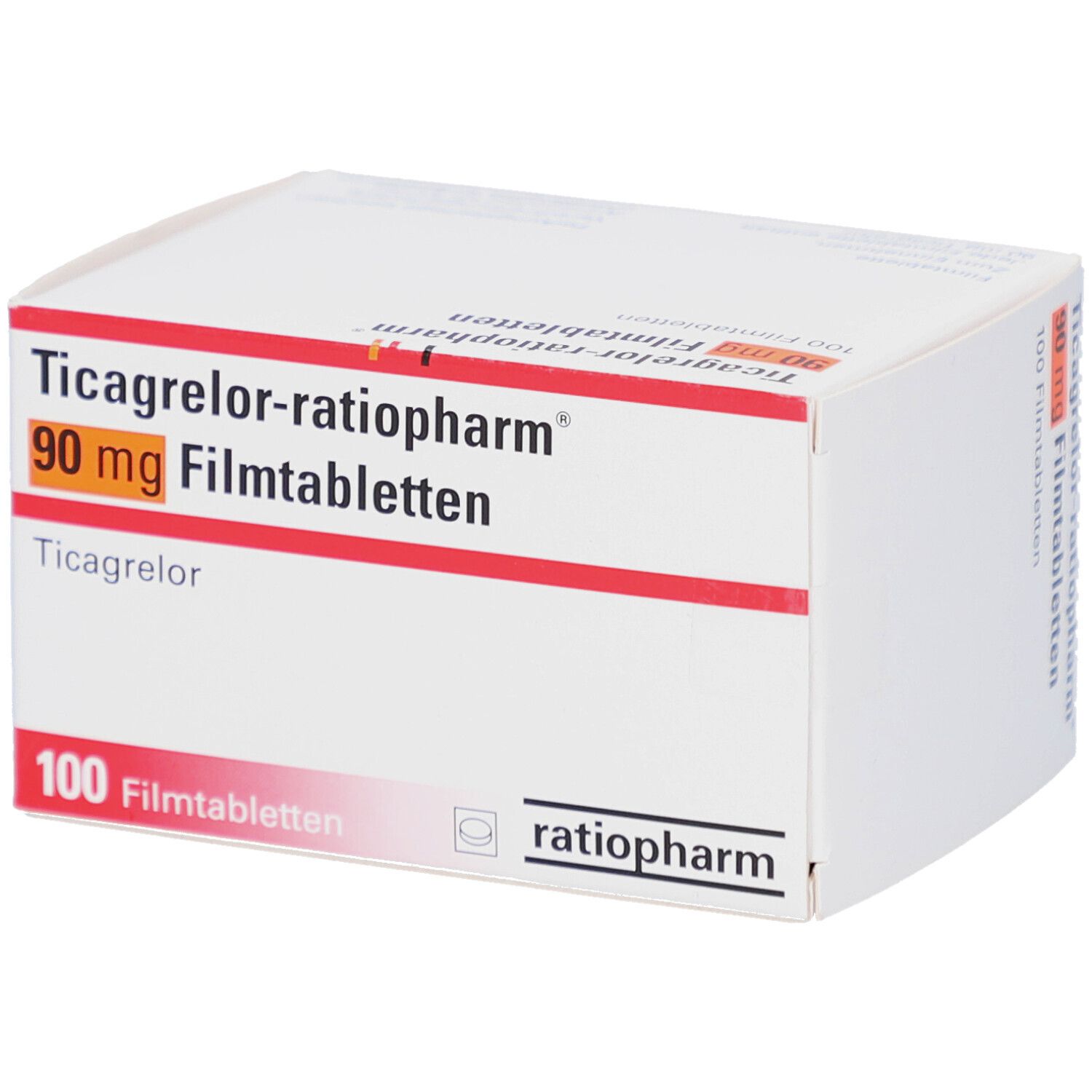 Weiße Schachtel mit Aufschrift Ticagrelor-ratiopharm 90 mg Filmtabletten. 100 Filmtabletten. Logo ratiopharm.