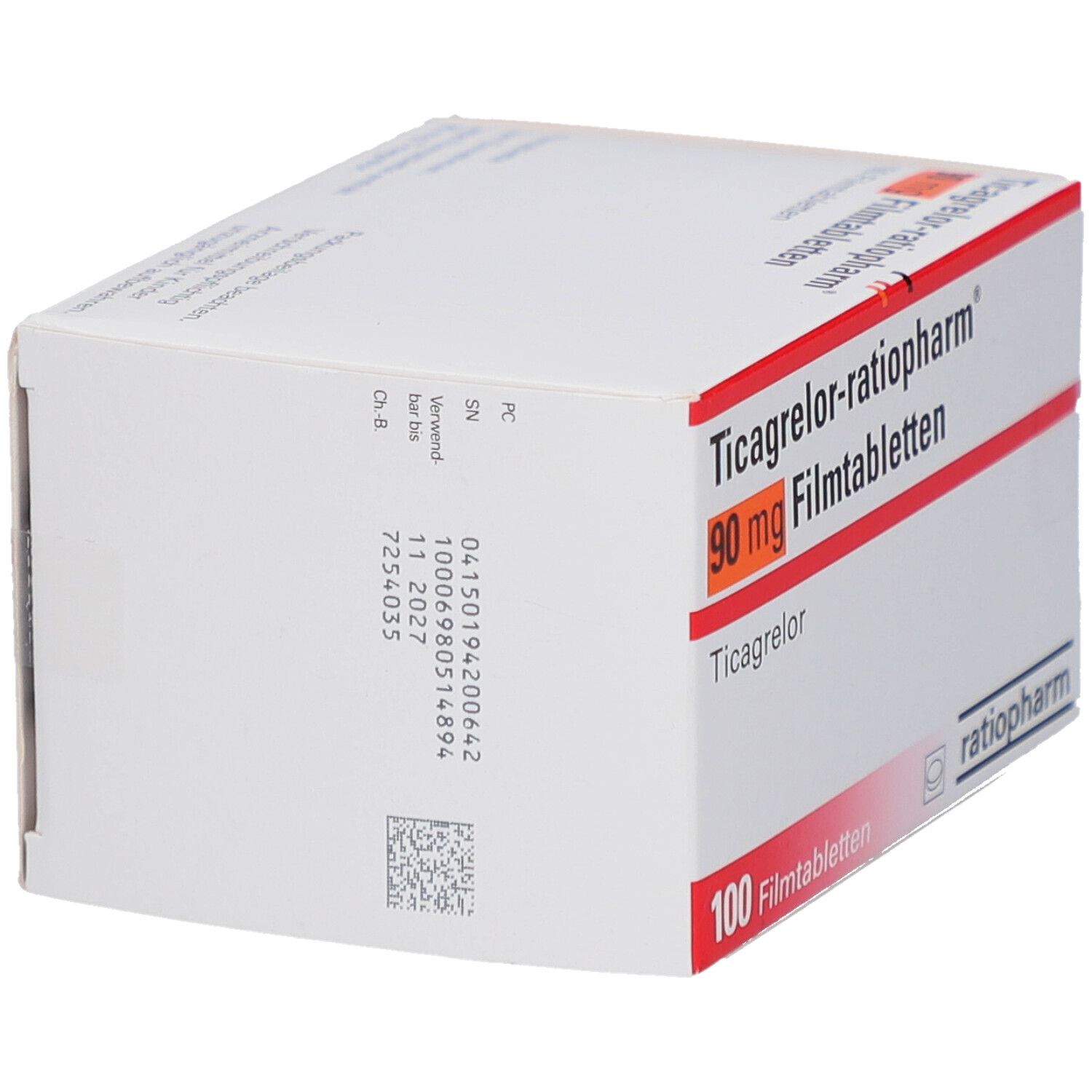 Weiße Schachtel mit Aufschrift Ticagrelor-ratiopharm 90 mg Filmtabletten. 100 Filmtabletten. Logo ratiopharm.