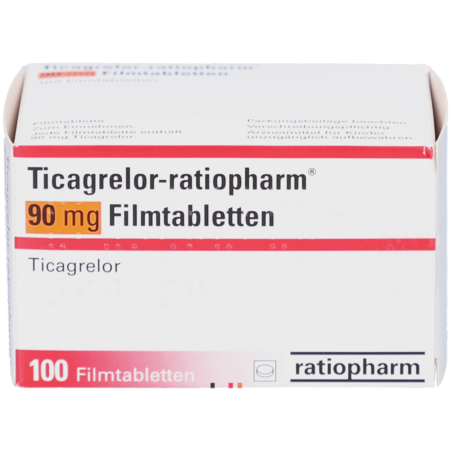 Weiße Schachtel mit Aufschrift Ticagrelor-ratiopharm 90 mg Filmtabletten. 100 Filmtabletten. Logo ratiopharm.