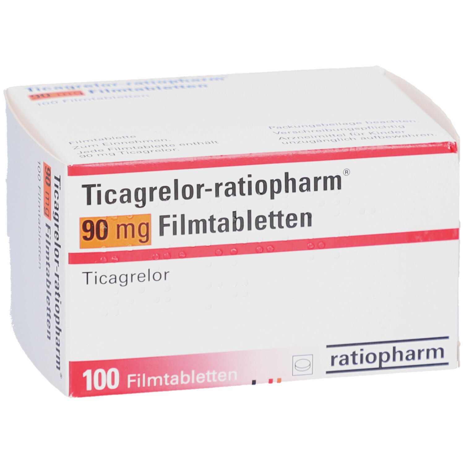 Weiße Schachtel mit Aufschrift Ticagrelor-ratiopharm 90 mg Filmtabletten. 100 Filmtabletten. Logo ratiopharm.