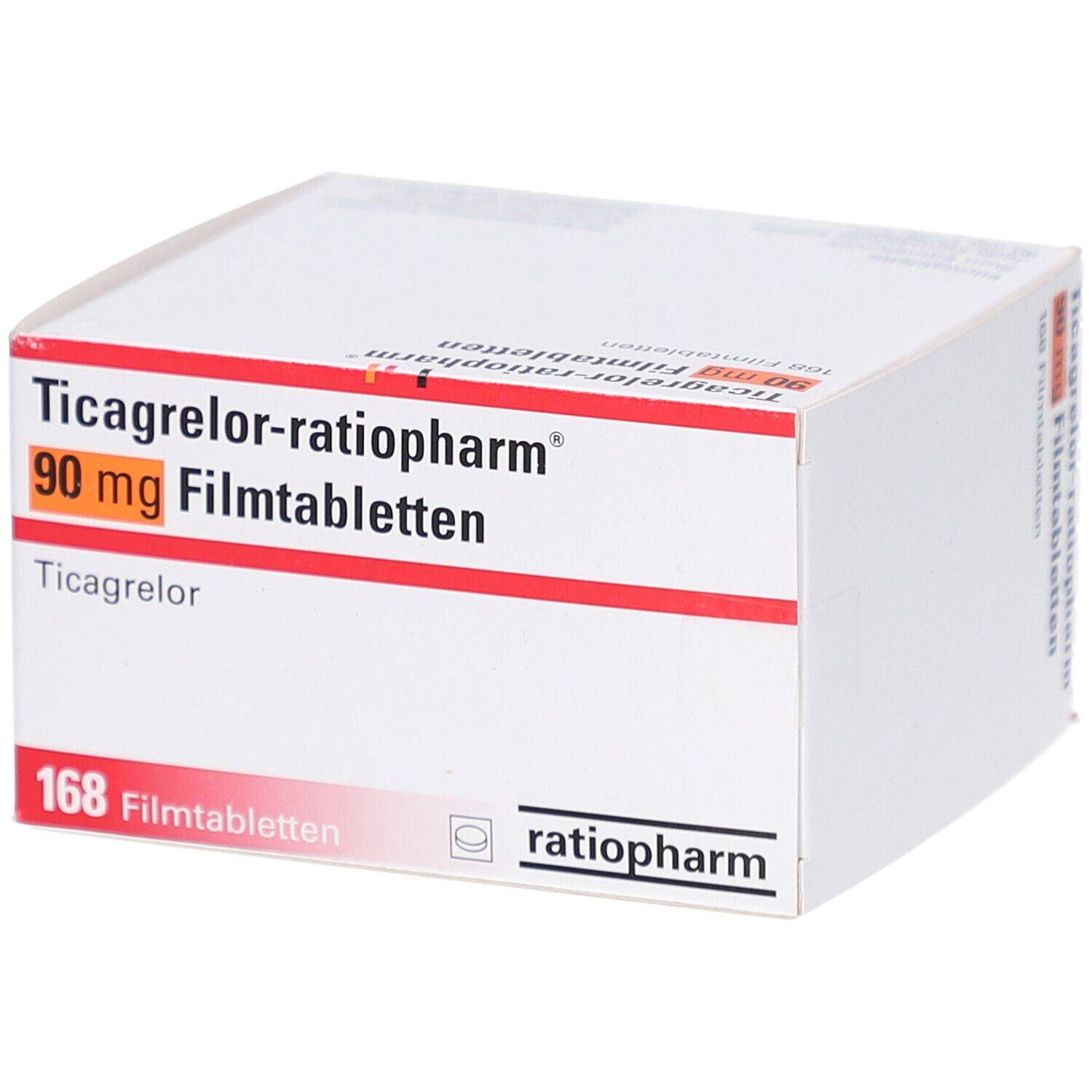 Schachtel mit Ticagrelor-ratiopharm 90 mg Filmtabletten. Aufschrift: 168 Filmtabletten. Logo ratiopharm.