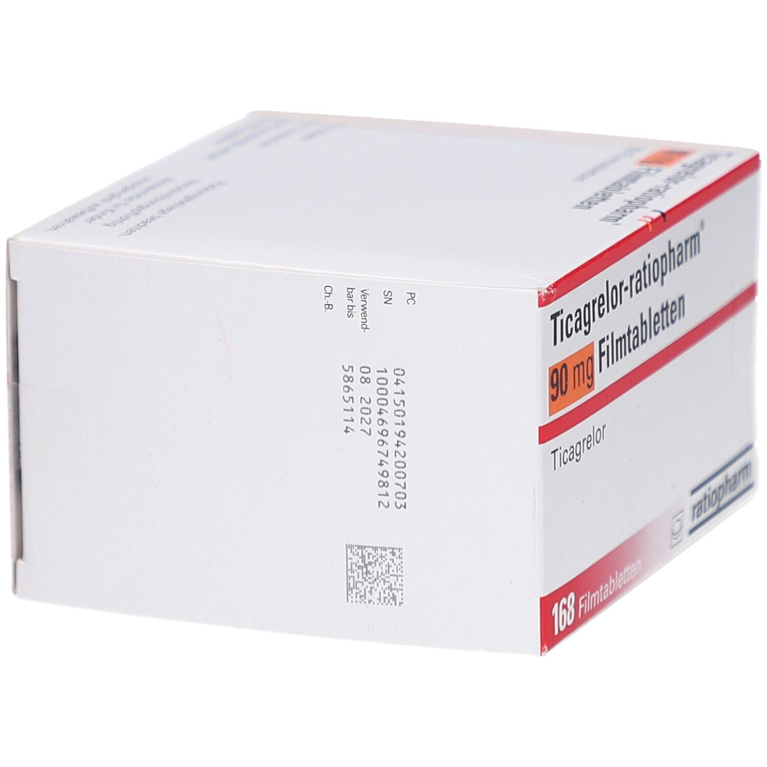Schachtel mit Ticagrelor-ratiopharm 90 mg Filmtabletten. Aufschrift: 168 Filmtabletten. Logo ratiopharm. QR-Code.