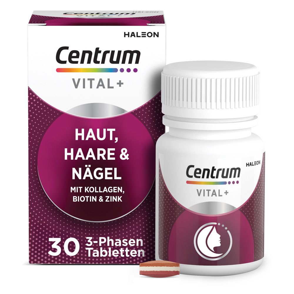 Verpackung und Flasche. Produktname und Logo. 30 Tabletten. Tablette sichtbar.