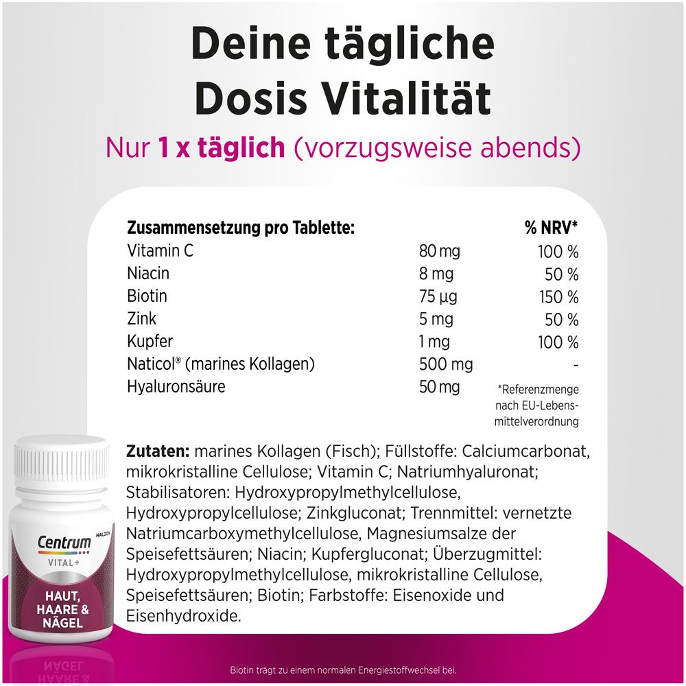 Tabelle mit Inhaltsstoffen. Flasche mit Produktnamen. Text: Deine tägliche Dosis Vitalität.