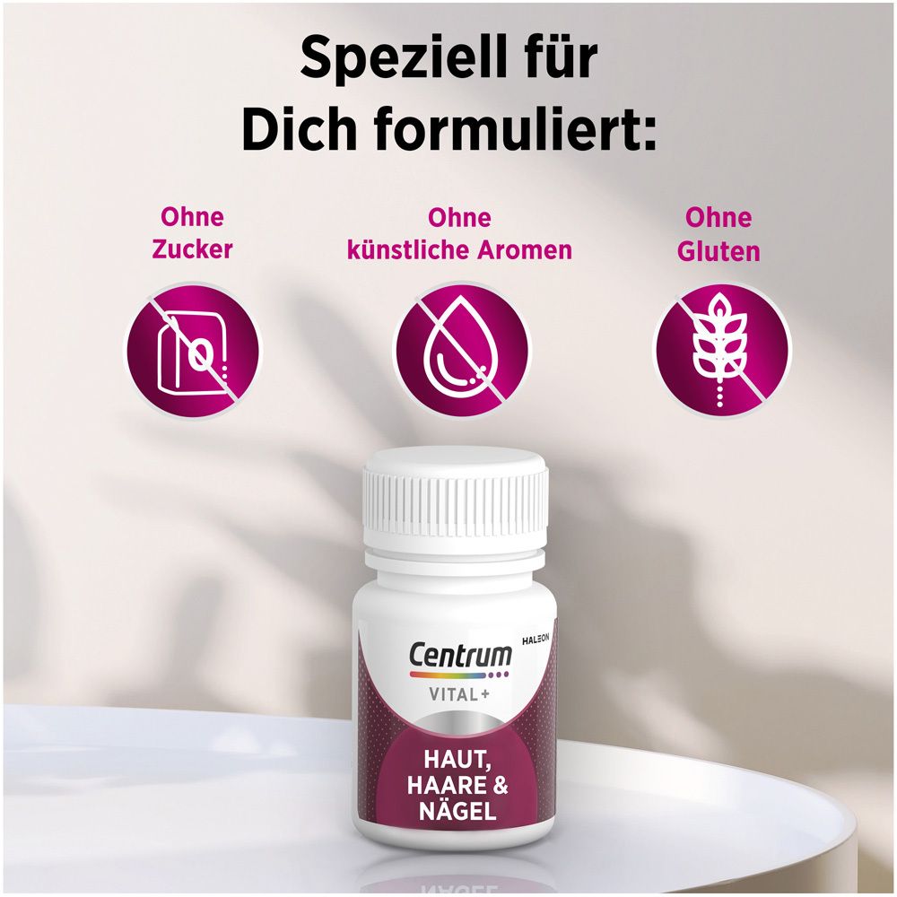Flasche mit Produktnamen. Text: Ohne Zucker, künstliche Aromen, Gluten.
