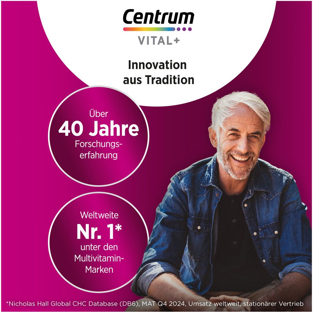 Mann lächelt. Text: Über 40 Jahre Forschungserfahrung. Weltweite Nr. 1 unter den Multivitamin-Marken.