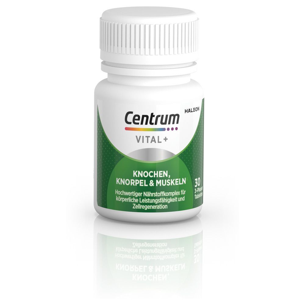 Centrum Vital+ Knochen, Knorpel & Muskeln. Weiße Flasche mit 30 Tabletten. Grün-weißes Etikett mit Produktinformationen.