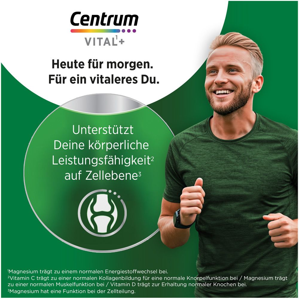 Mann läuft. Text: Unterstützt körperliche Leistungsfähigkeit auf Zellebene. Centrum Vital+ Logo.