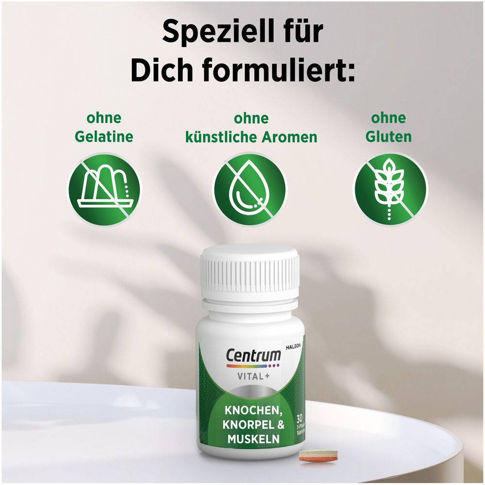 Centrum Vital+ Knochen, Knorpel & Muskeln. Flasche mit 30 Tabletten. Text: Ohne Gelatine, künstliche Aromen, Gluten.