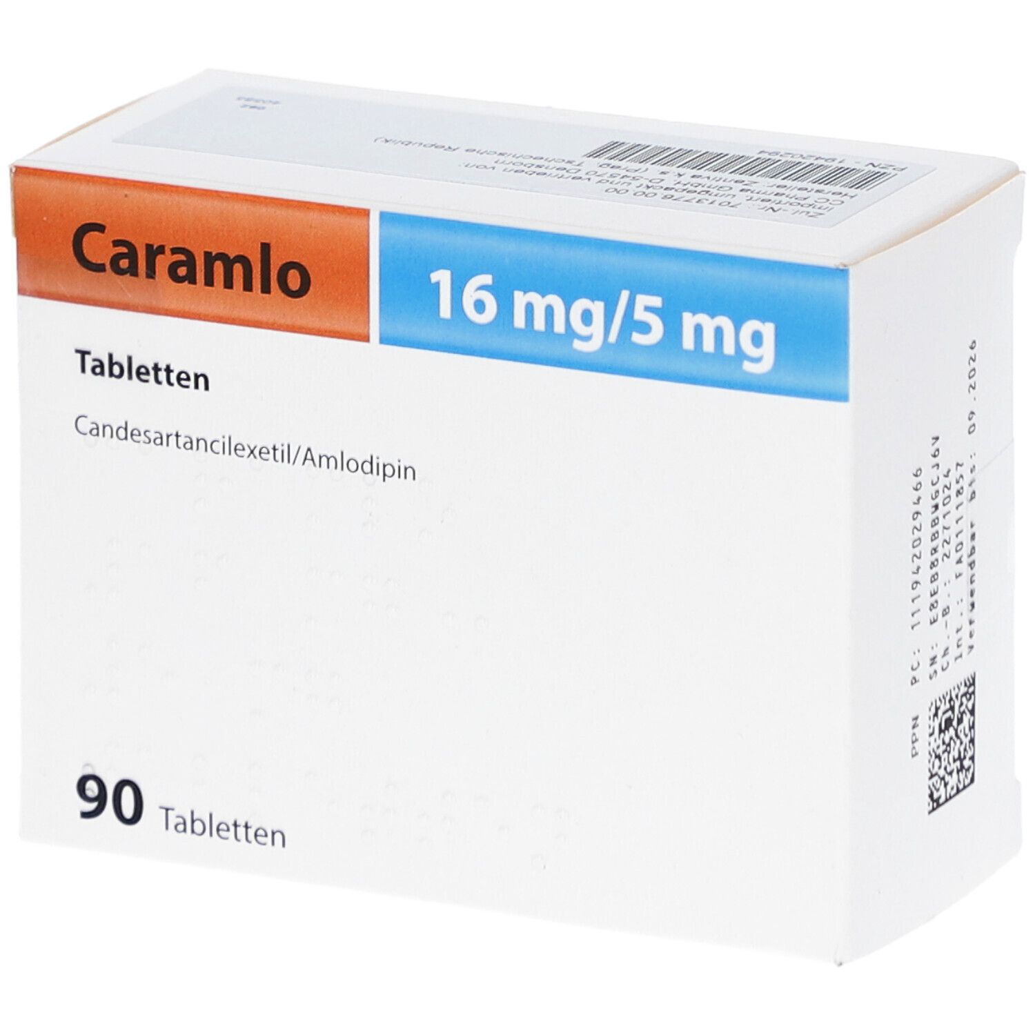 Schachtel mit CARAMLO 16 mg/5 mg Tabletten. Aufschrift: 90 Tabletten. Enthält Candesartancilexetil/Amlodipin.