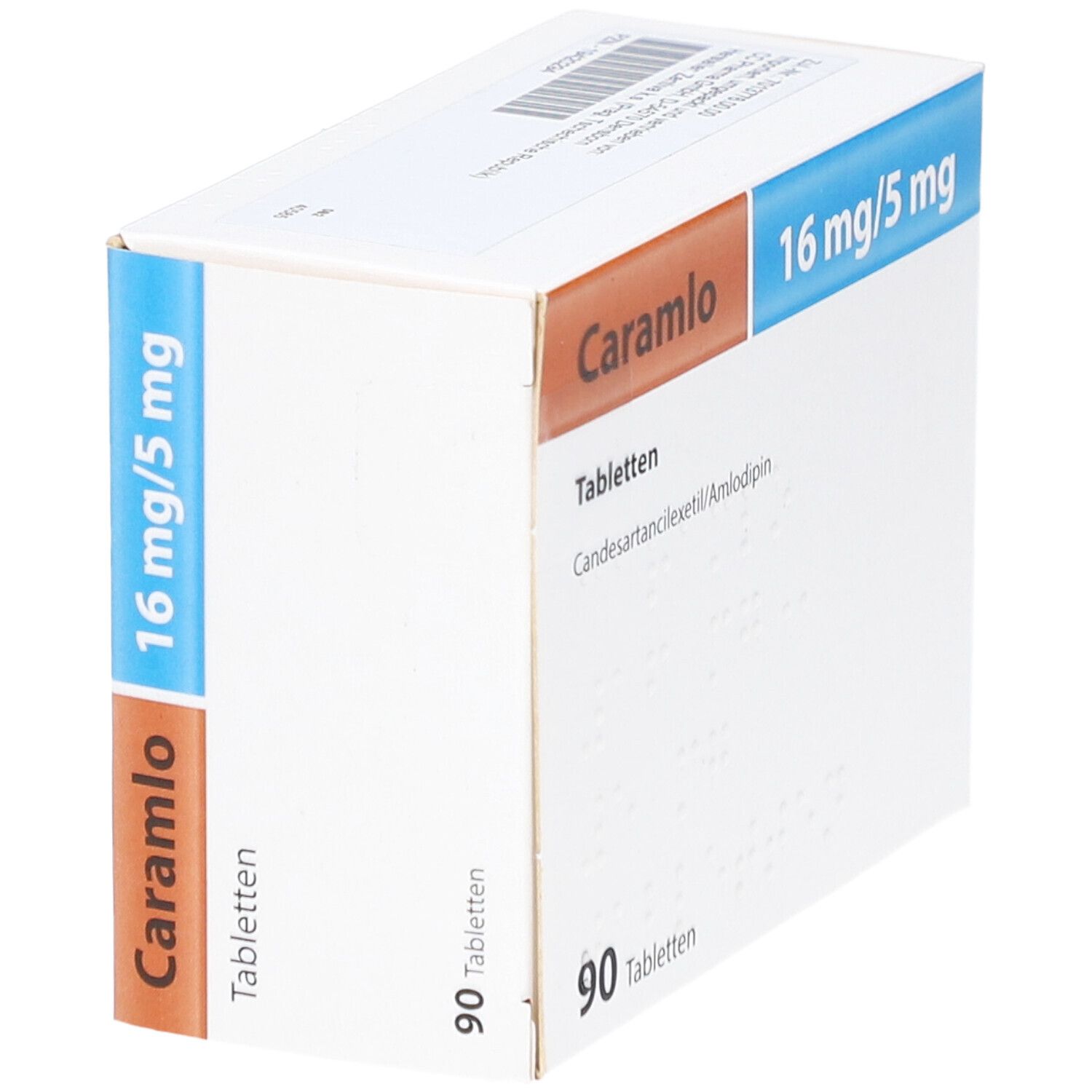 Schachtel mit CARAMLO 16 mg/5 mg Tabletten. Aufschrift: 90 Tabletten. Enthält Candesartancilexetil/Amlodipin.